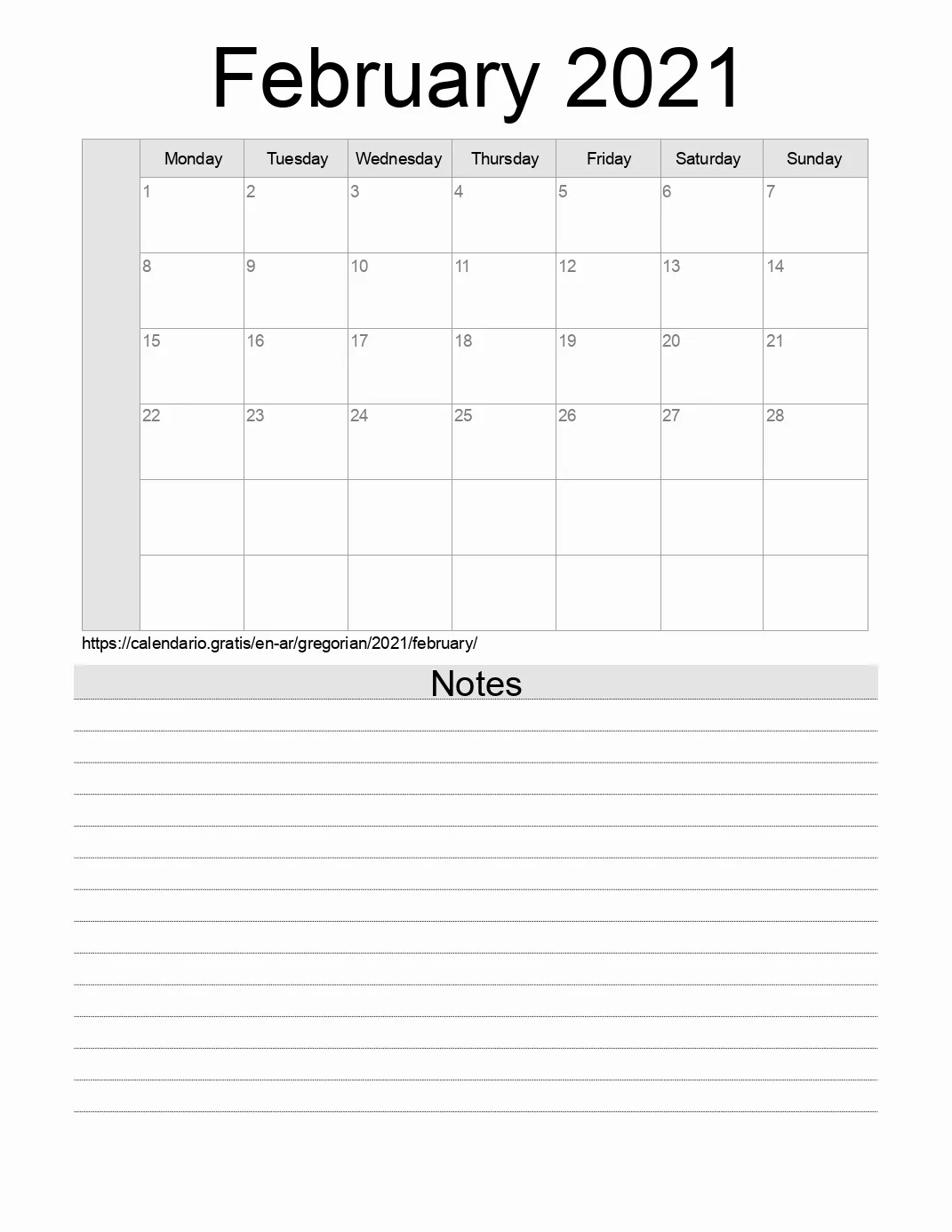 Calendar for printing with notes for 2021 February . (Argentina) Calendar for printing with notes for 2021 February . (Argentina)