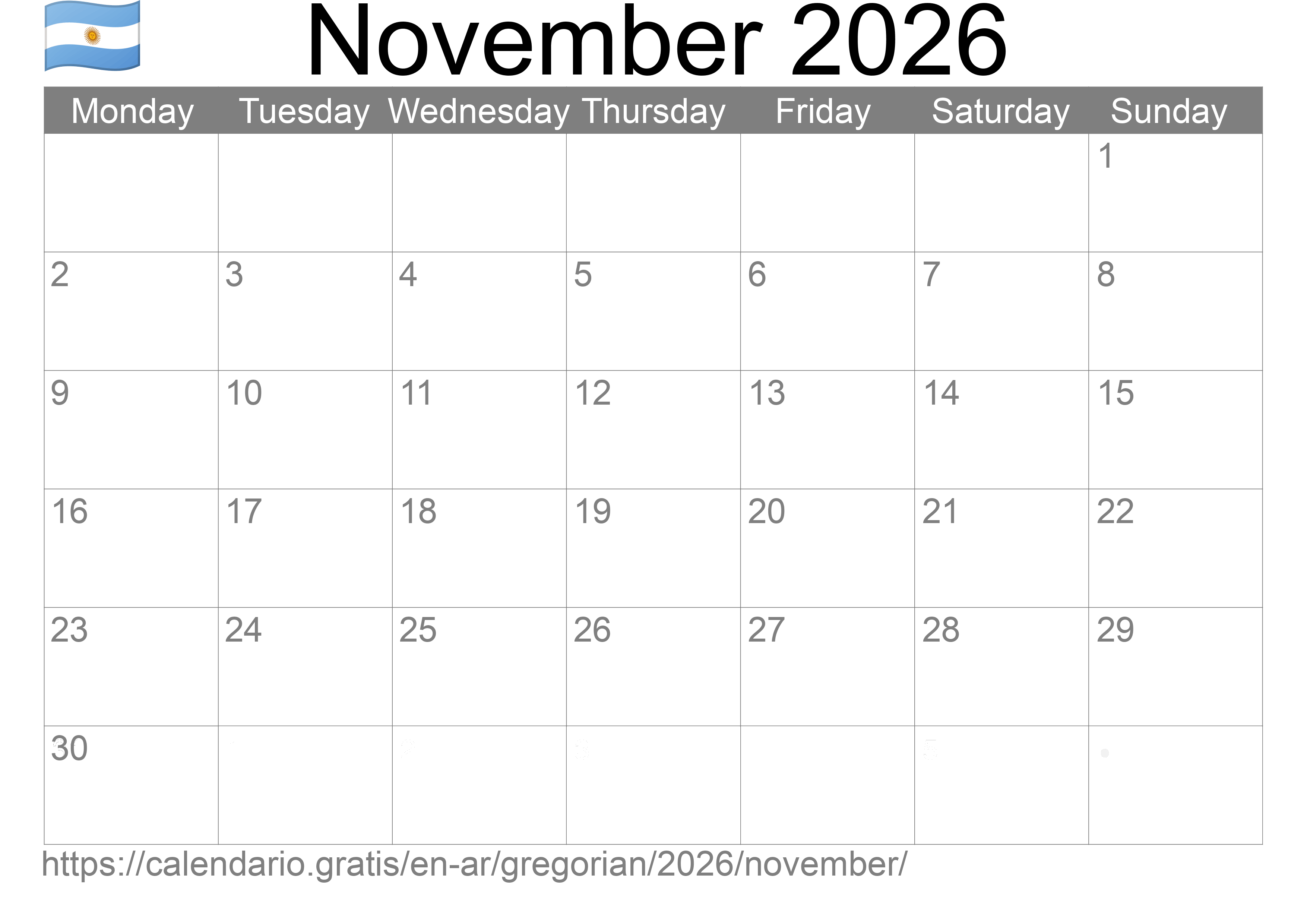 Calendar November 2026 to print