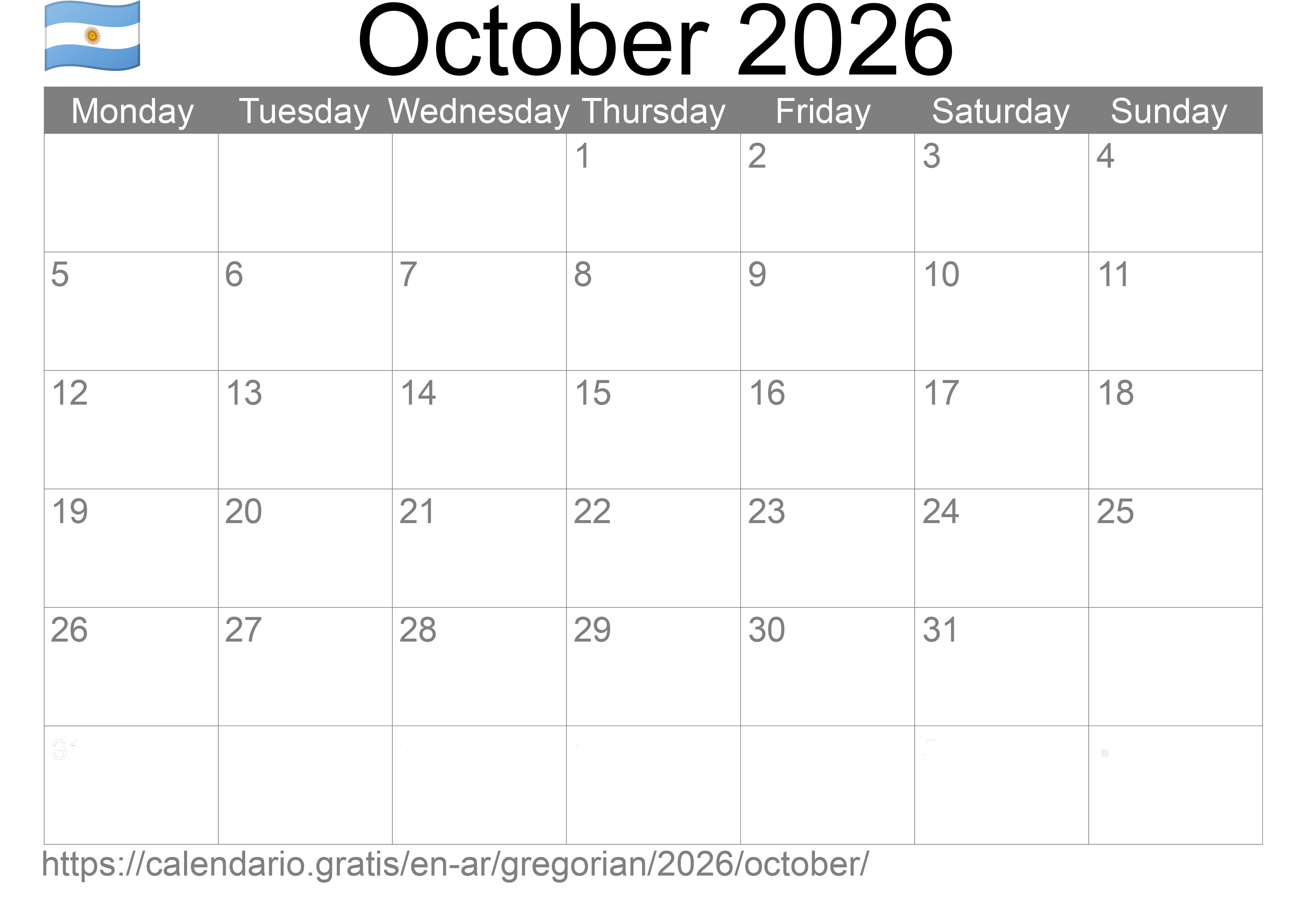 Calendar October 2026 to print