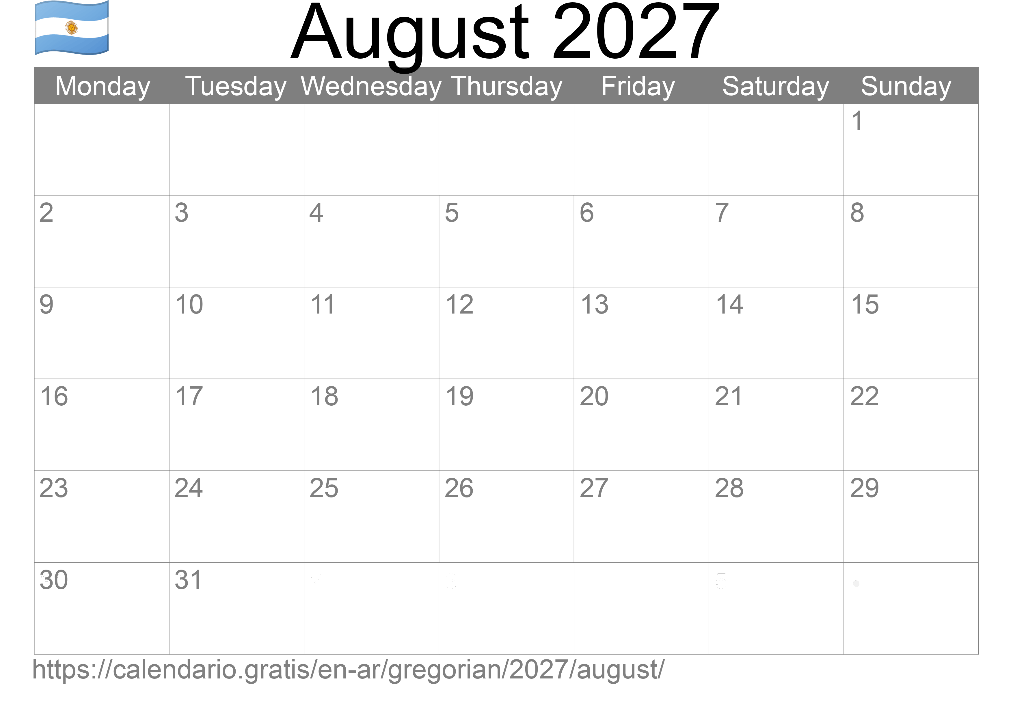 Calendar August 2027 to print