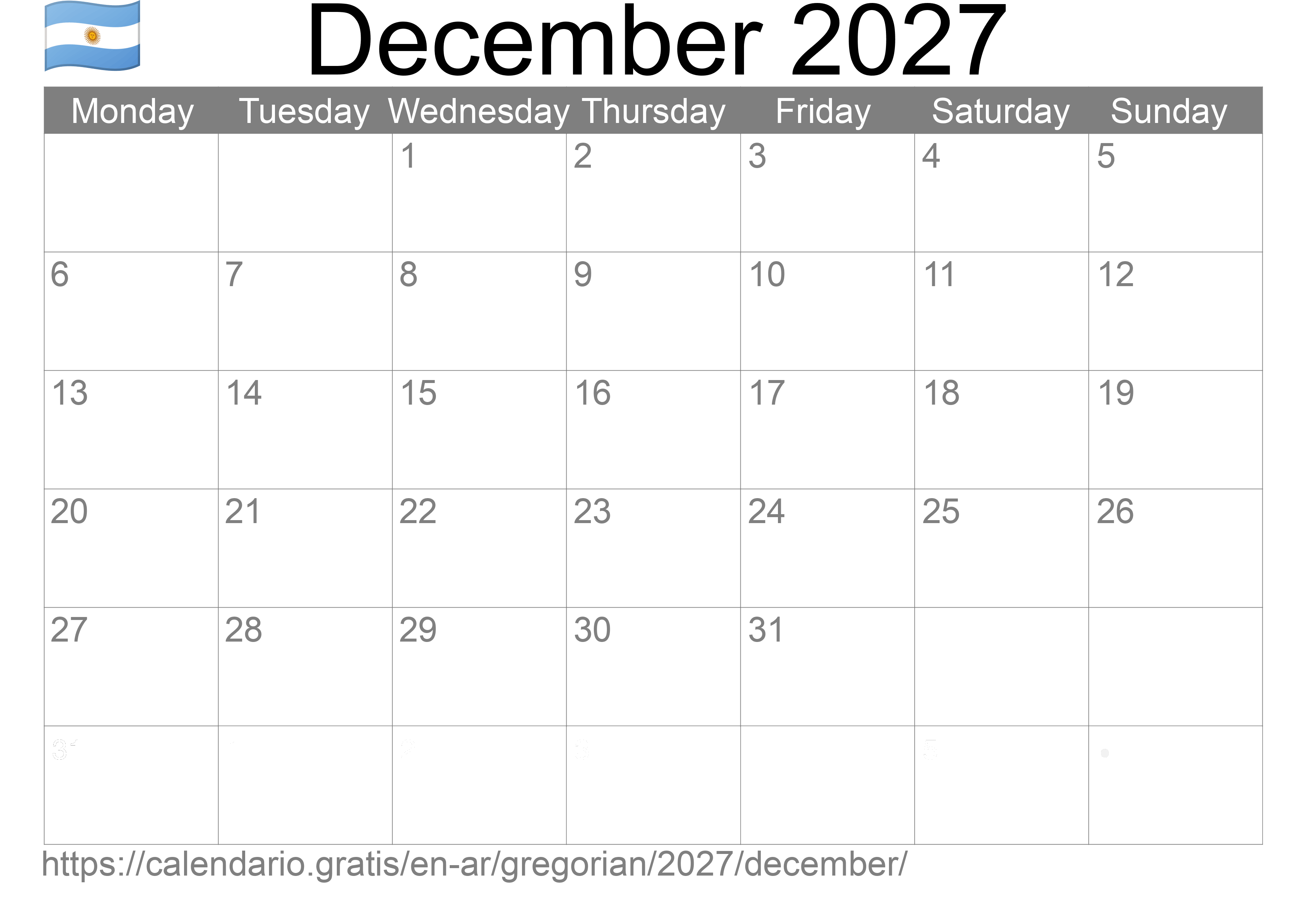 Calendar December 2027 to print