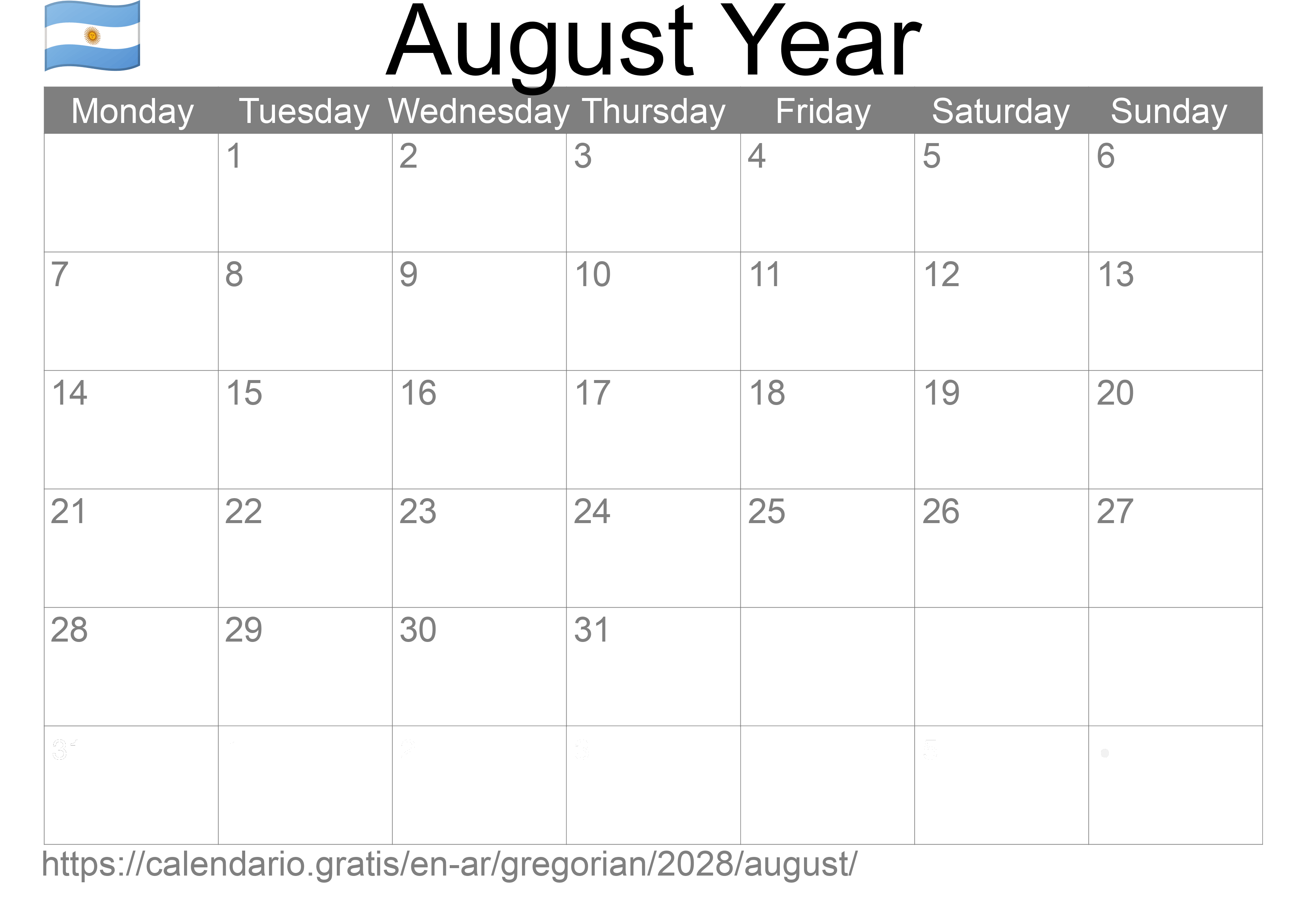 Calendar August 2028 to print