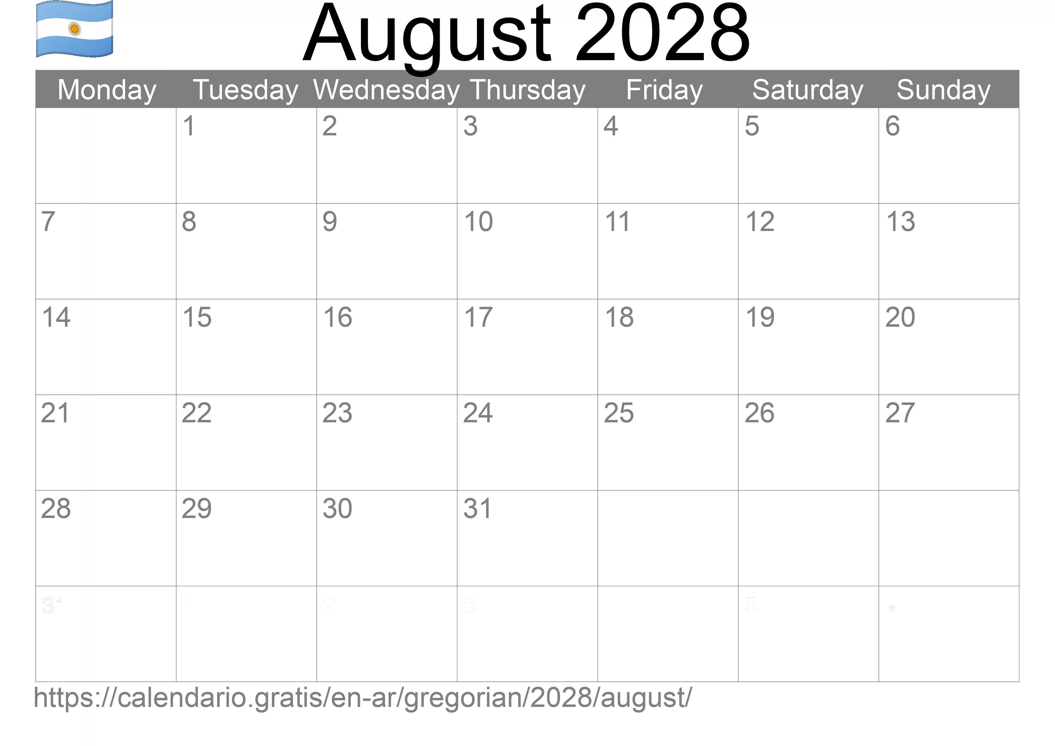 Calendar August 2028 to print (Argentina) Calendar August 2028 to print (Argentina)