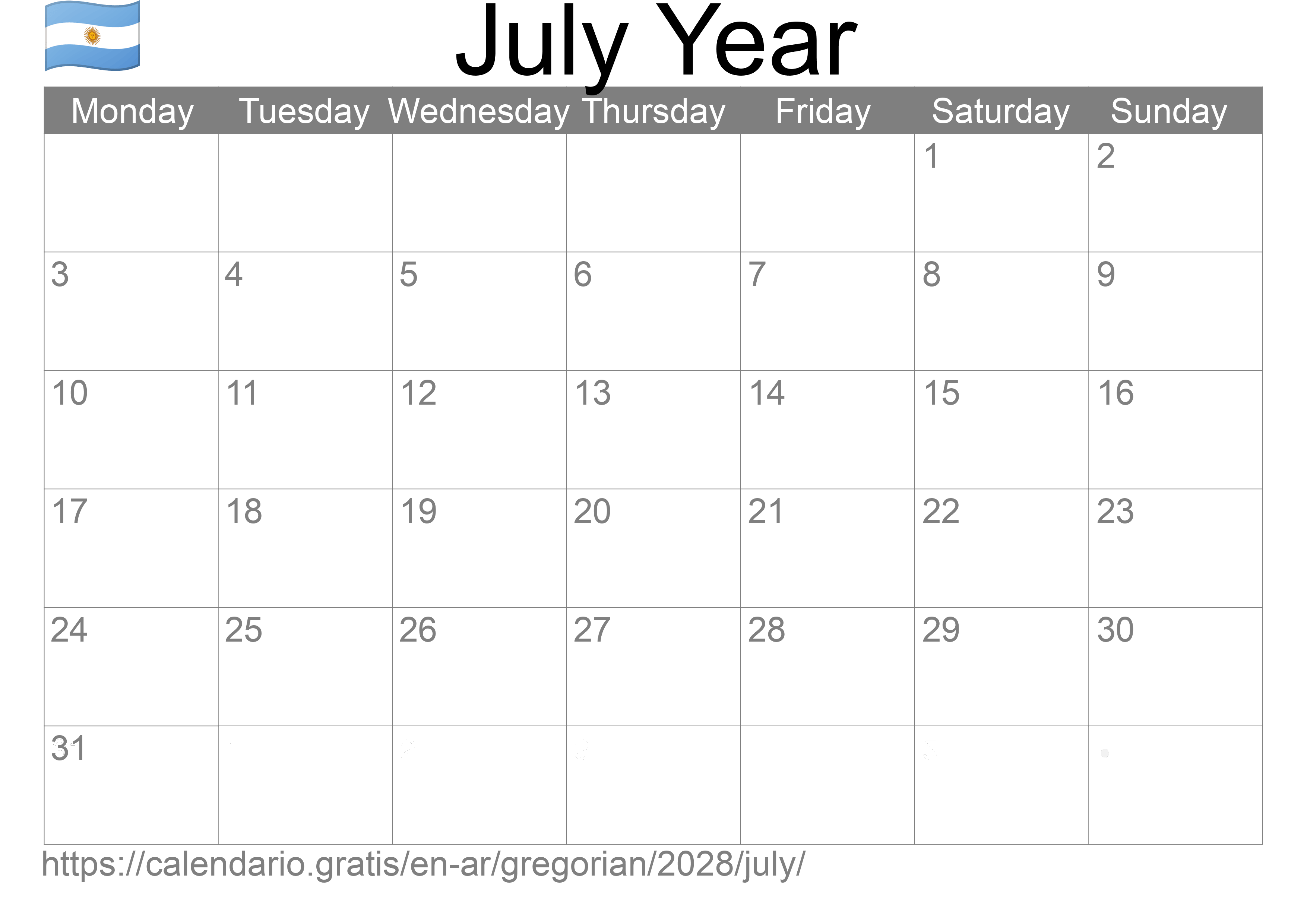 Calendar July 2028 to print