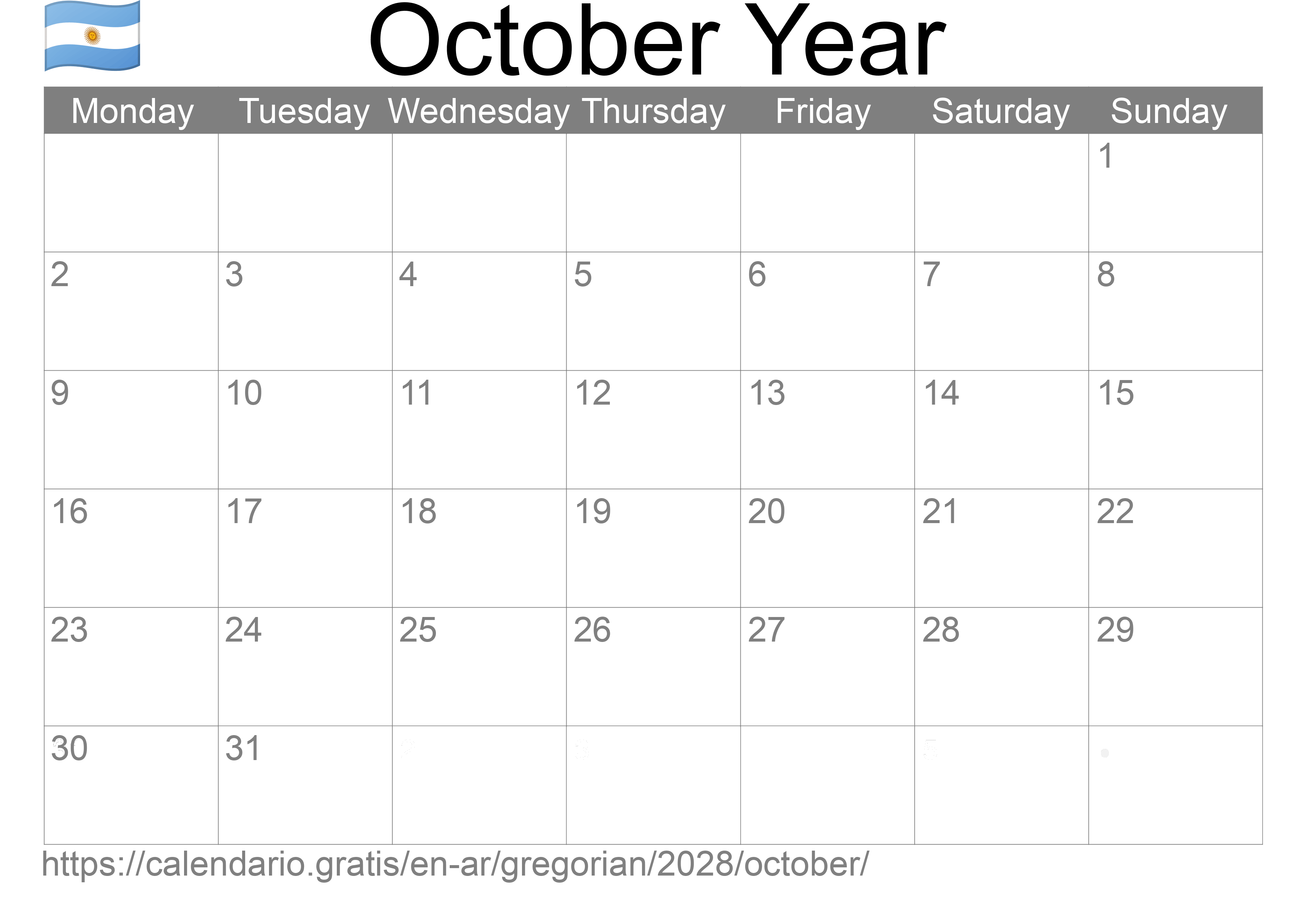 Calendar October 2028 to print