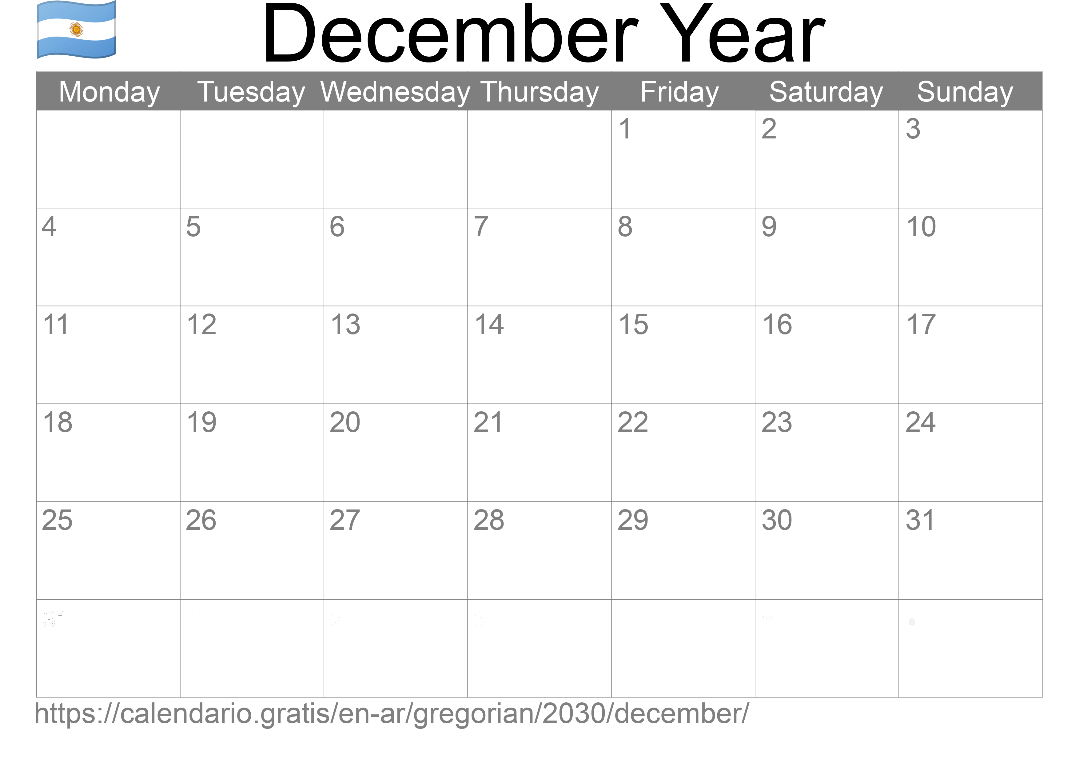 Calendar December 2030 to print