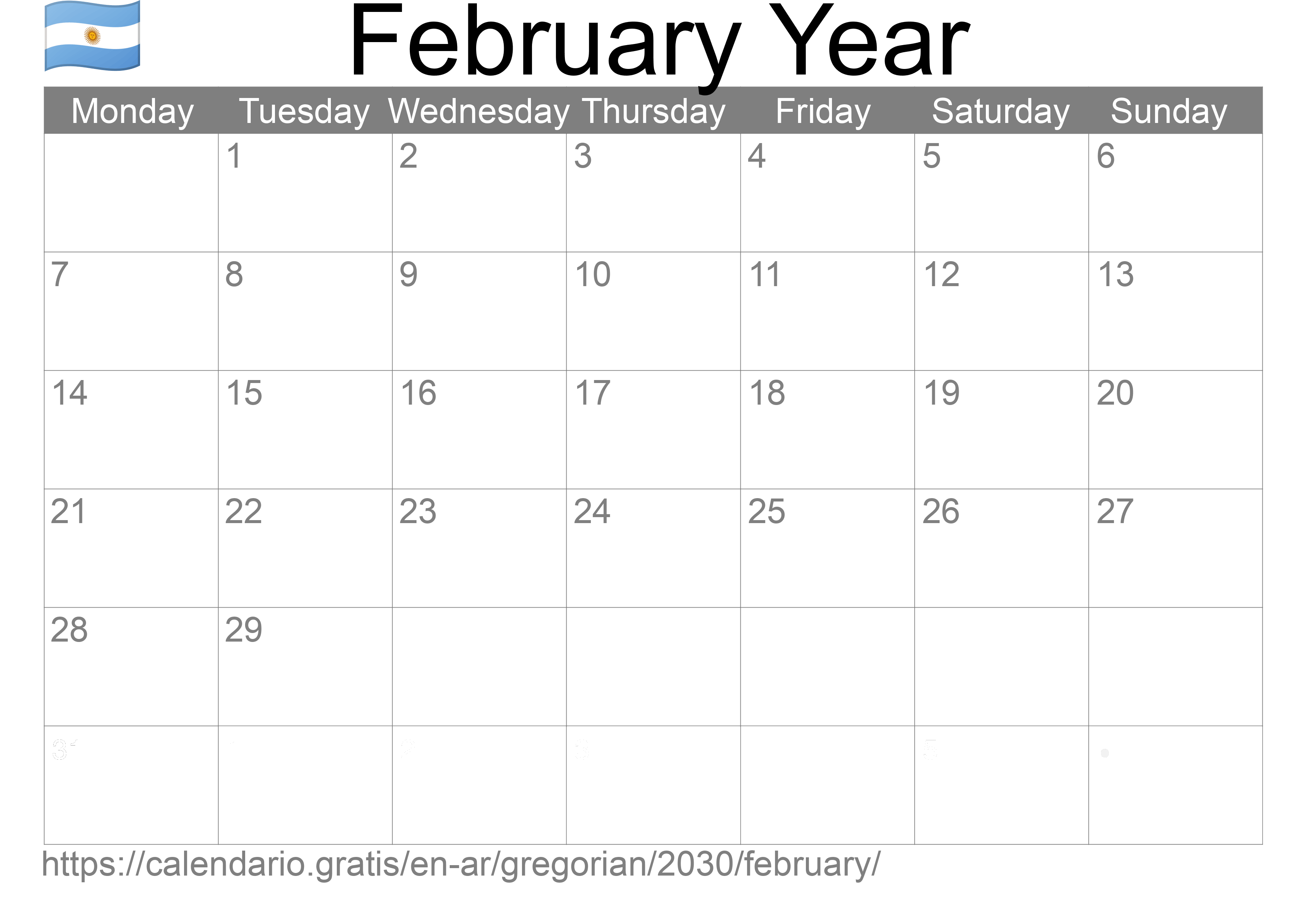 Calendar February 2030 to print