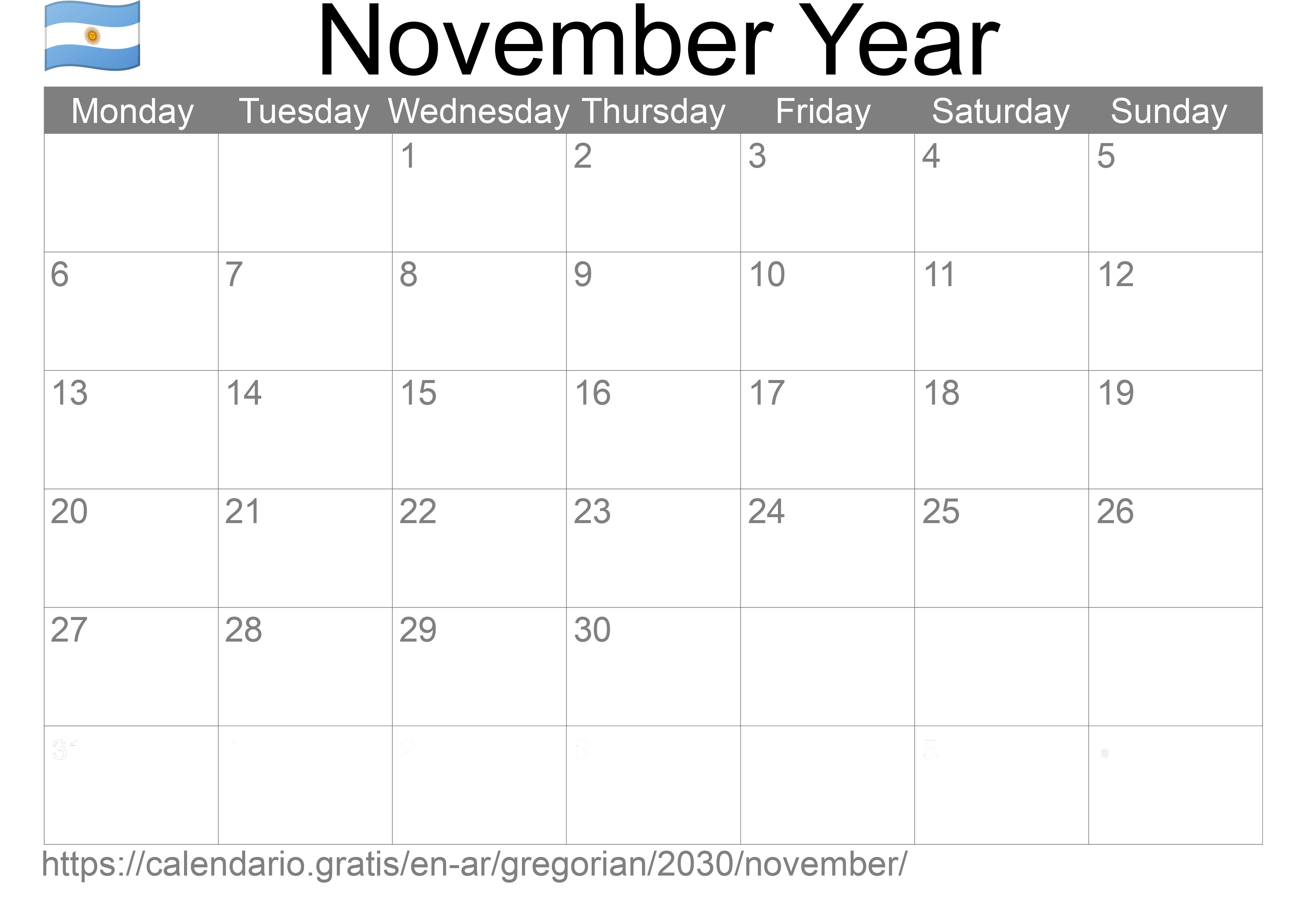 Calendar November 2030 to print