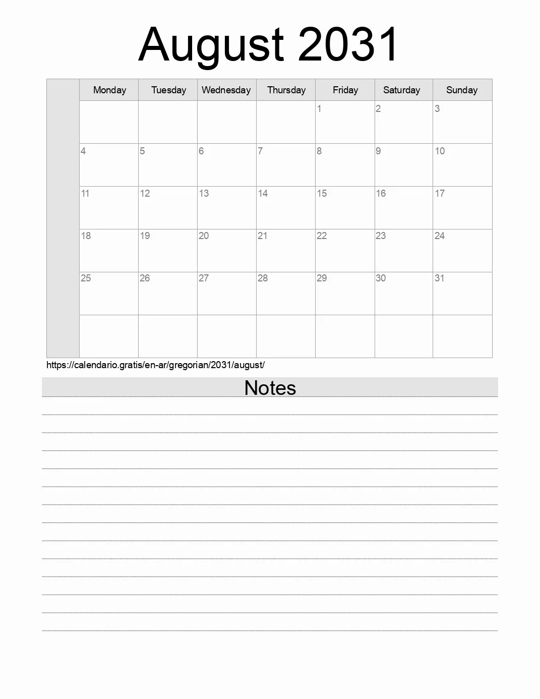 Calendar for printing with notes for 2031 August . (Argentina) Calendar for printing with notes for 2031 August . (Argentina)