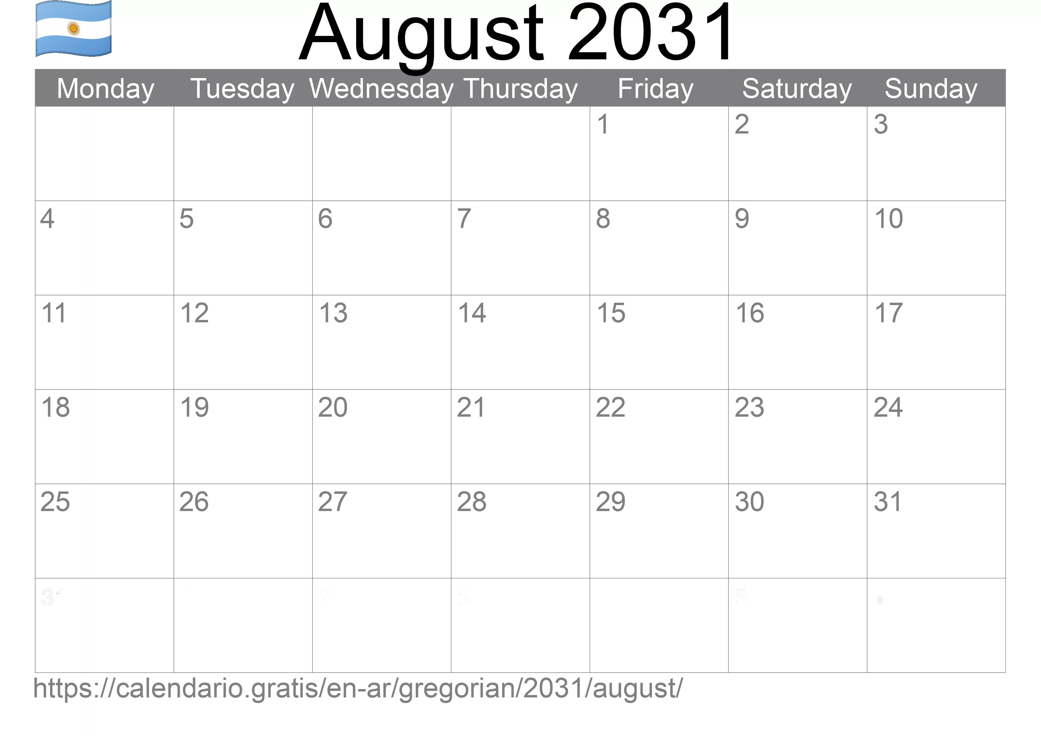 Calendar August 2031 to print (Argentina) Calendar August 2031 to print (Argentina)
