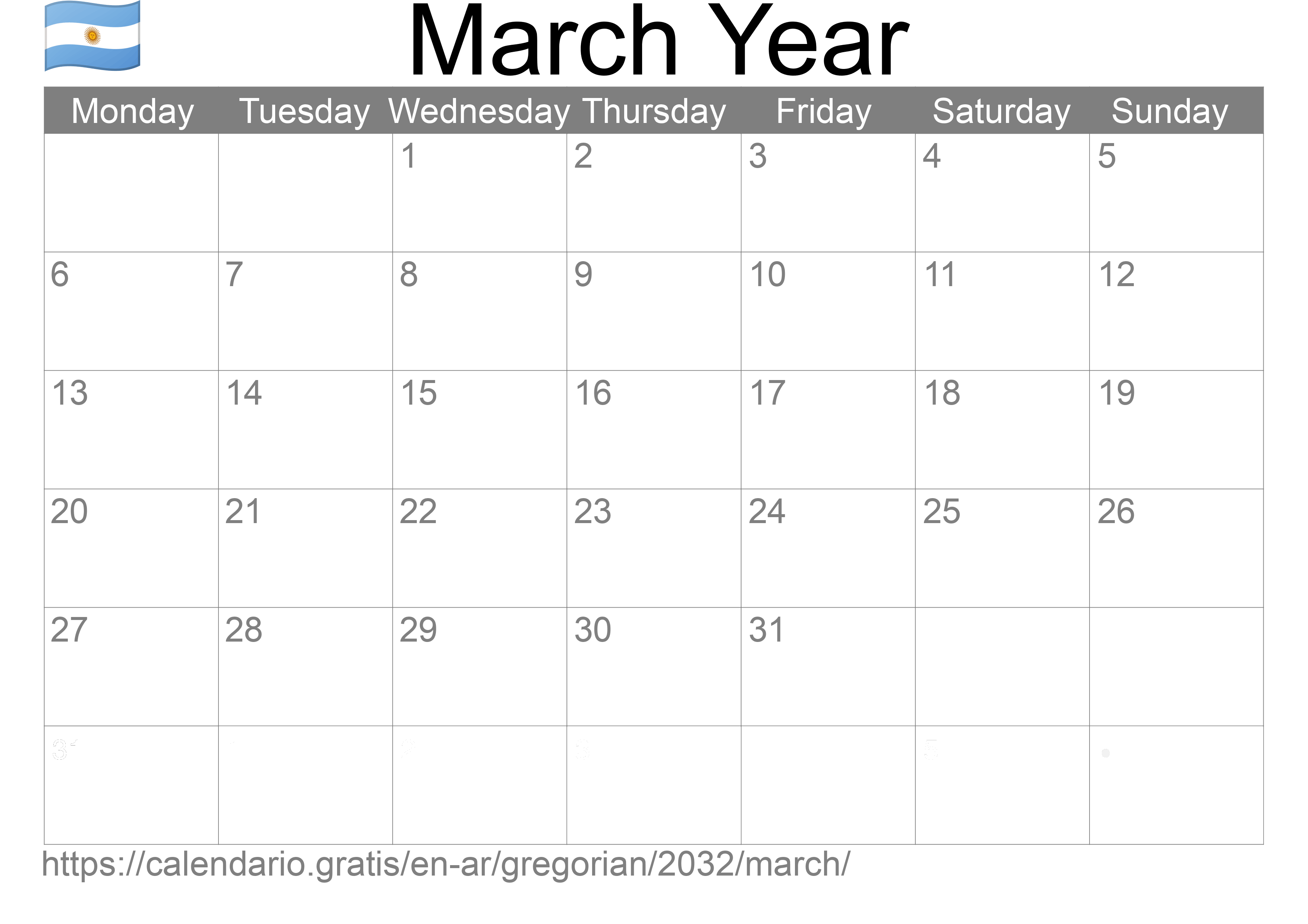 Calendar March 2032 to print