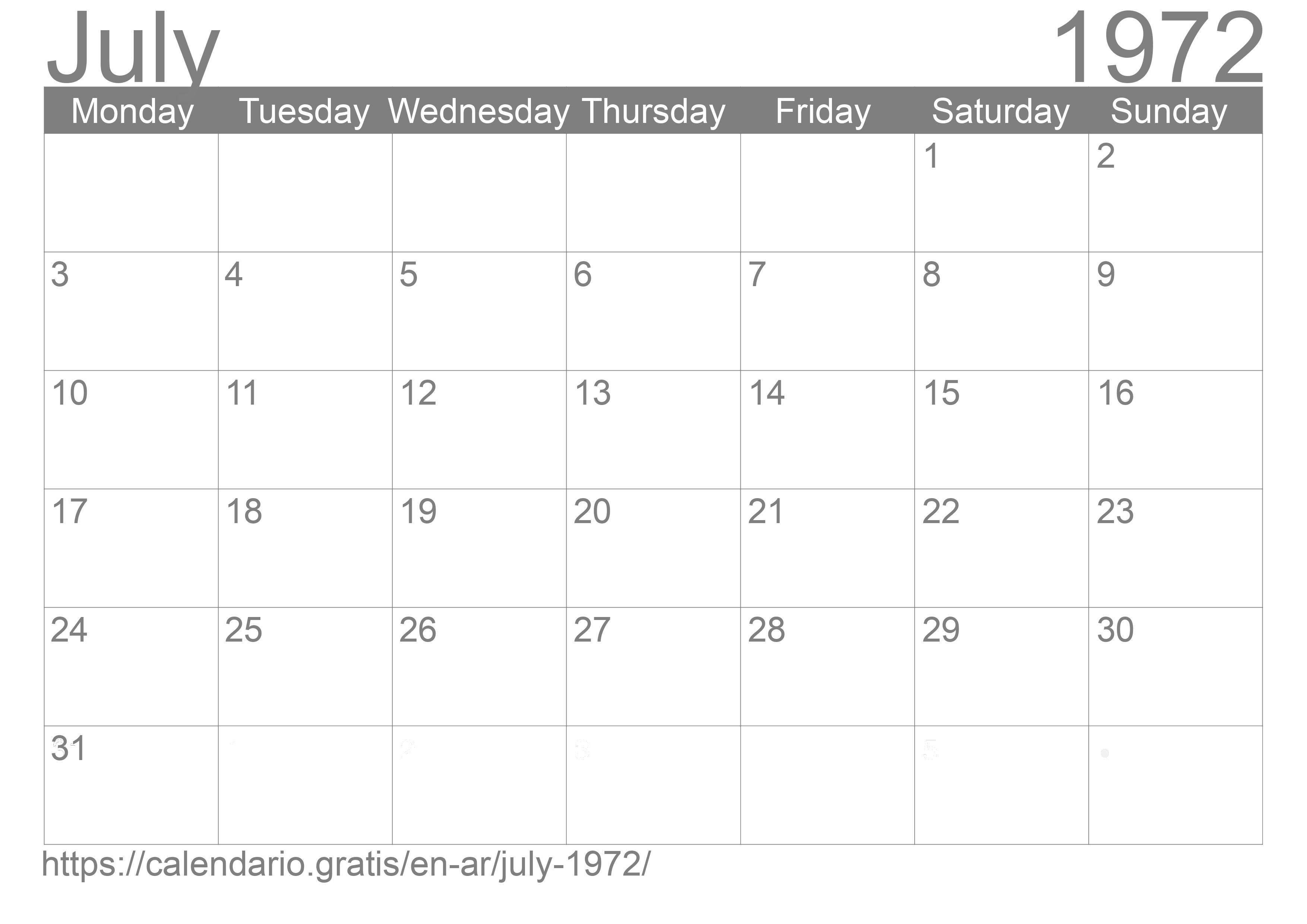 Calendar July 1972 from Argentina in English ☑️ Calendario Gratis