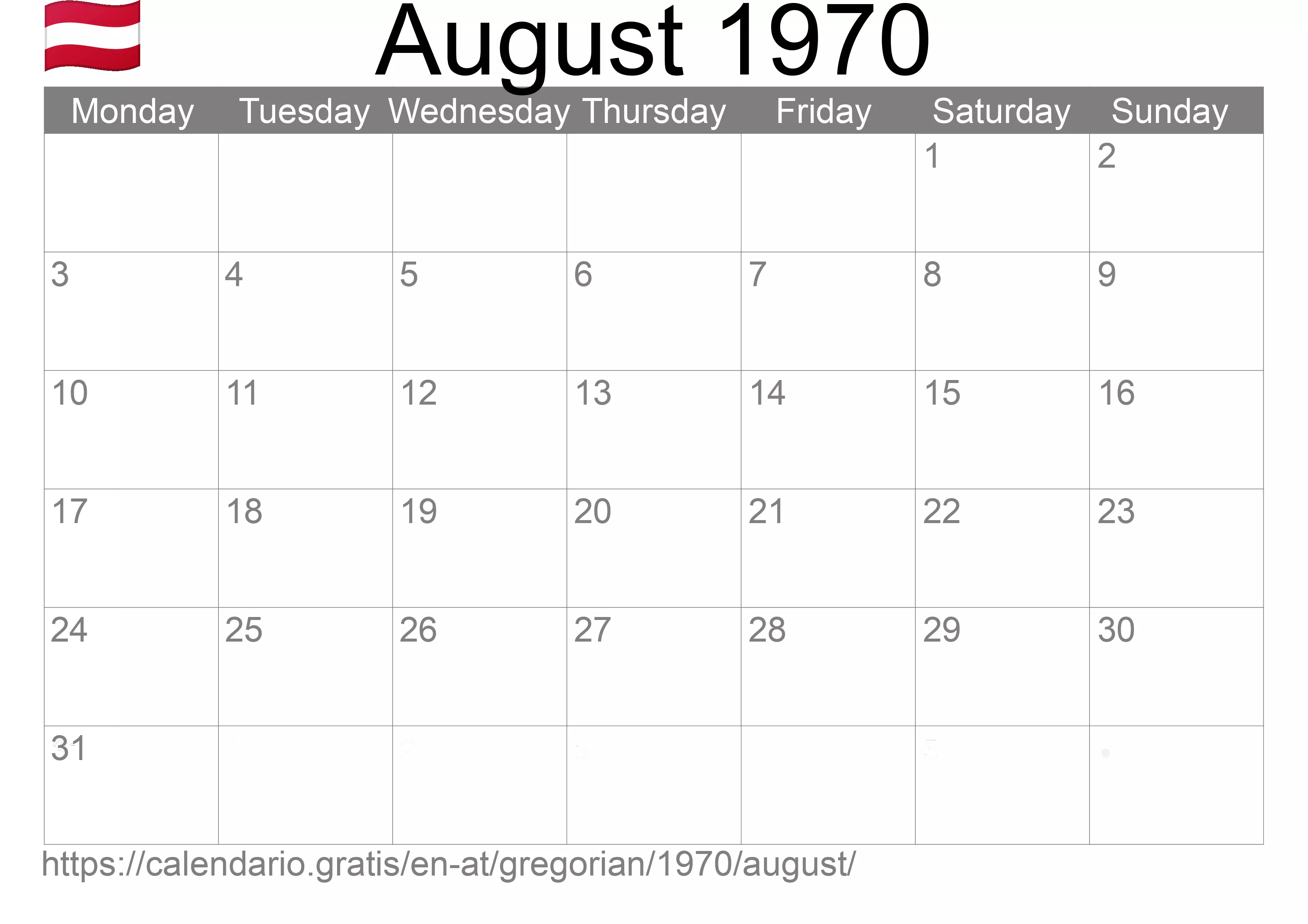 Calendar August 1970 to print (Austria) Calendar August 1970 to print (Austria)
