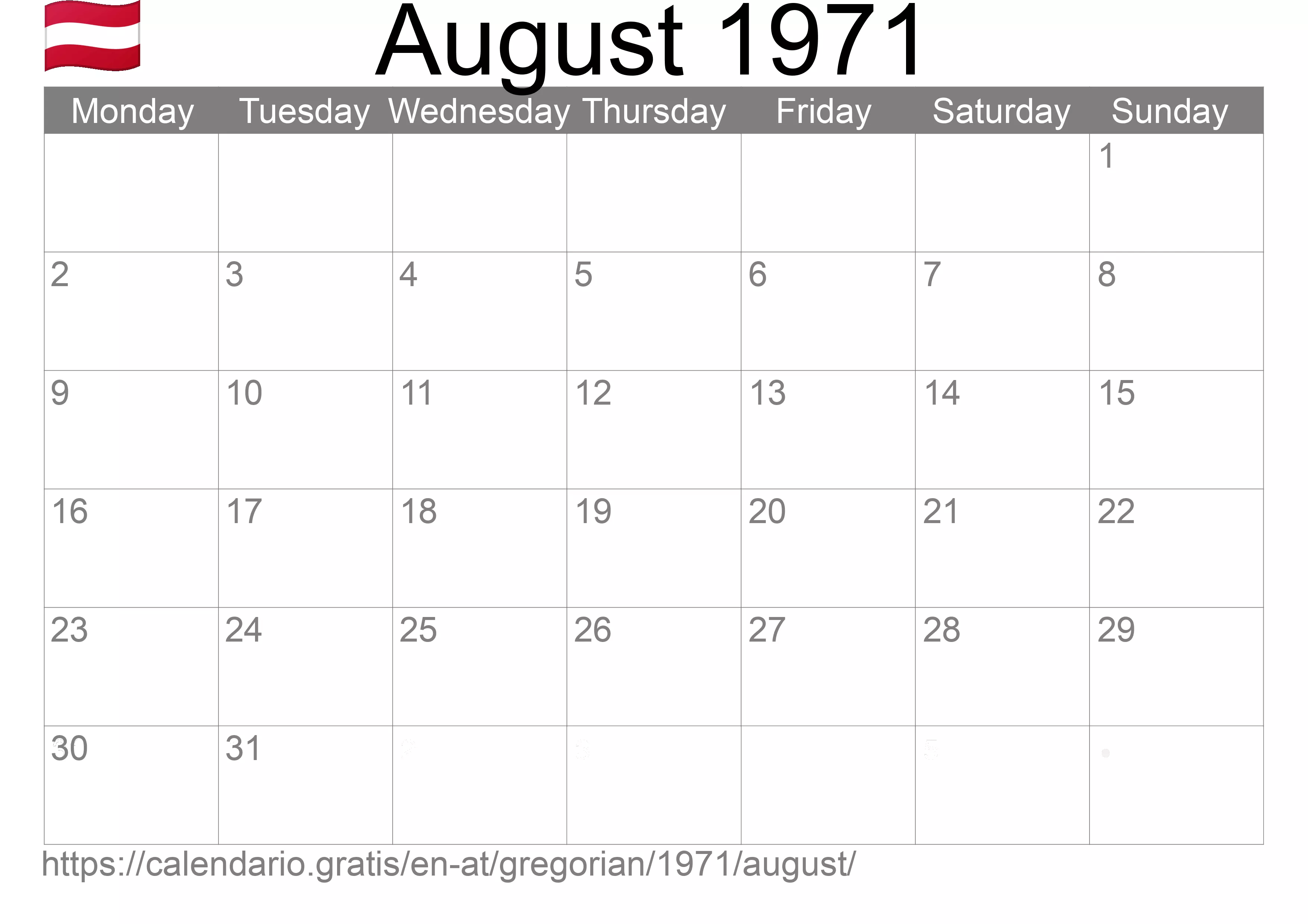 Calendar August 1971 to print (Austria) Calendar August 1971 to print (Austria)