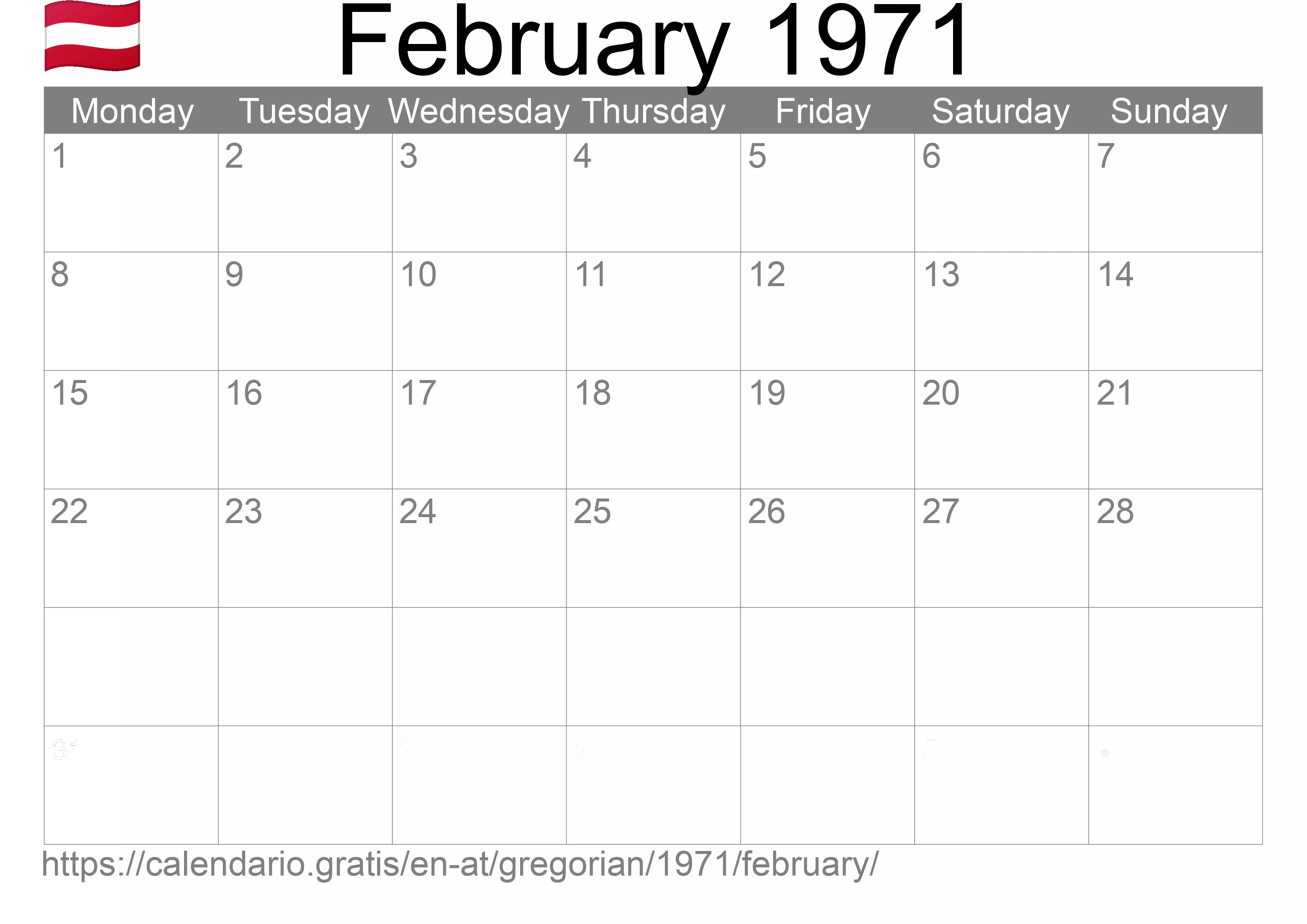 Calendar February 1971 to print (Austria) Calendar February 1971 to print (Austria)