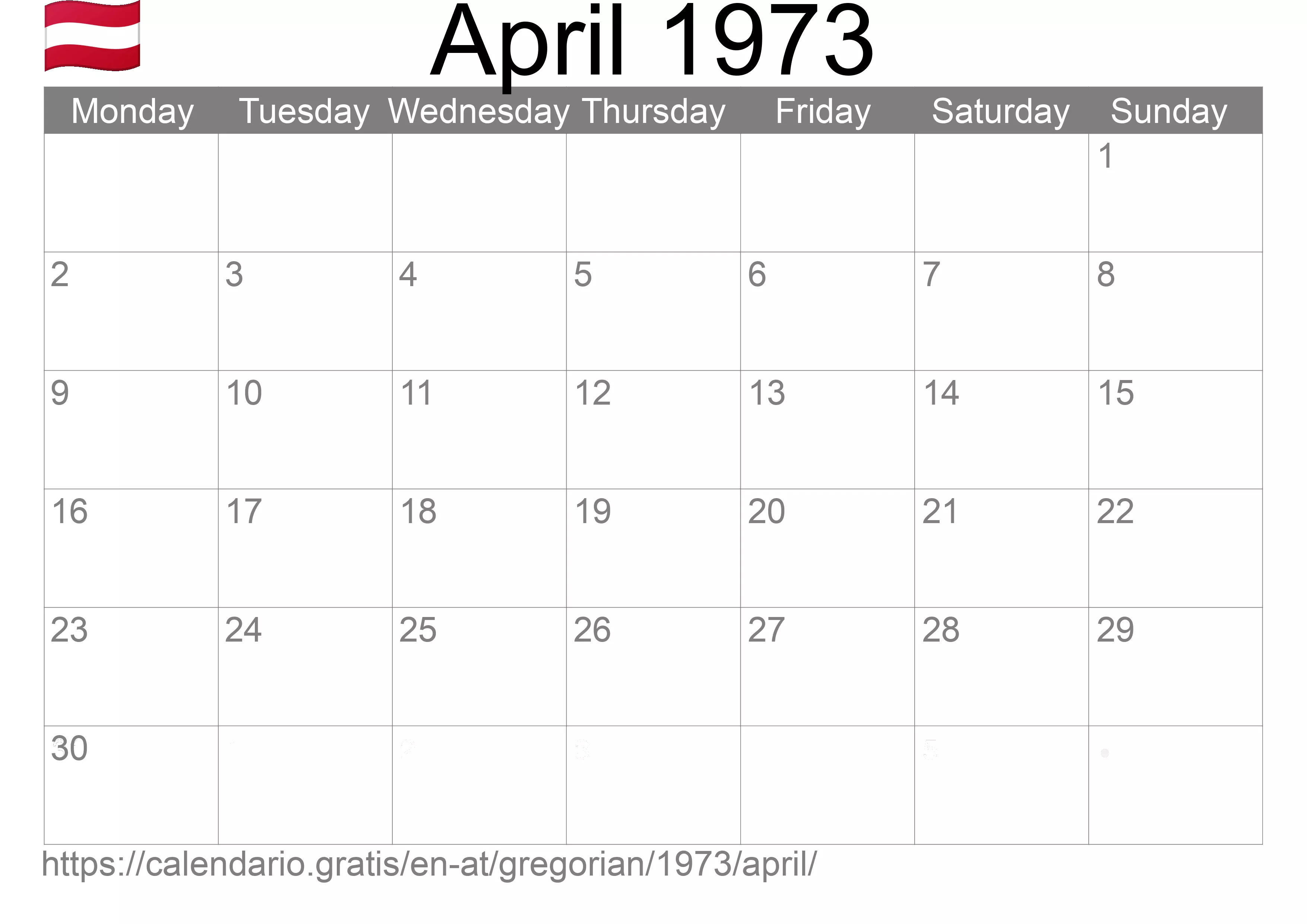 Calendar April 1973 to print (Austria) Calendar April 1973 to print (Austria)