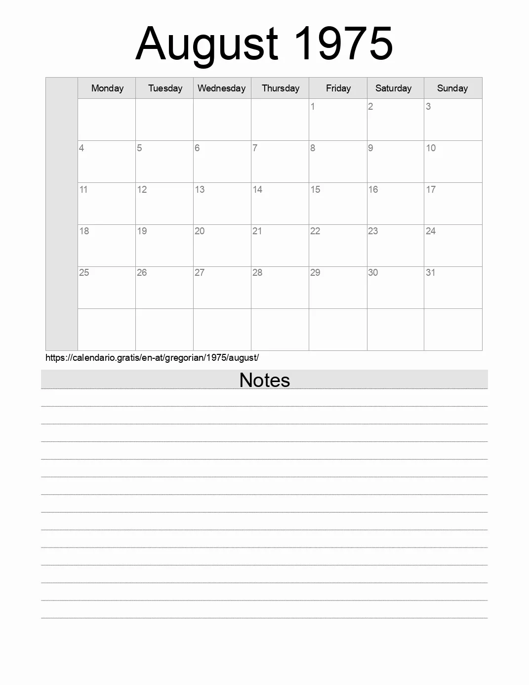 Calendar for printing with notes for 1975 August . (Austria) Calendar for printing with notes for 1975 August . (Austria)