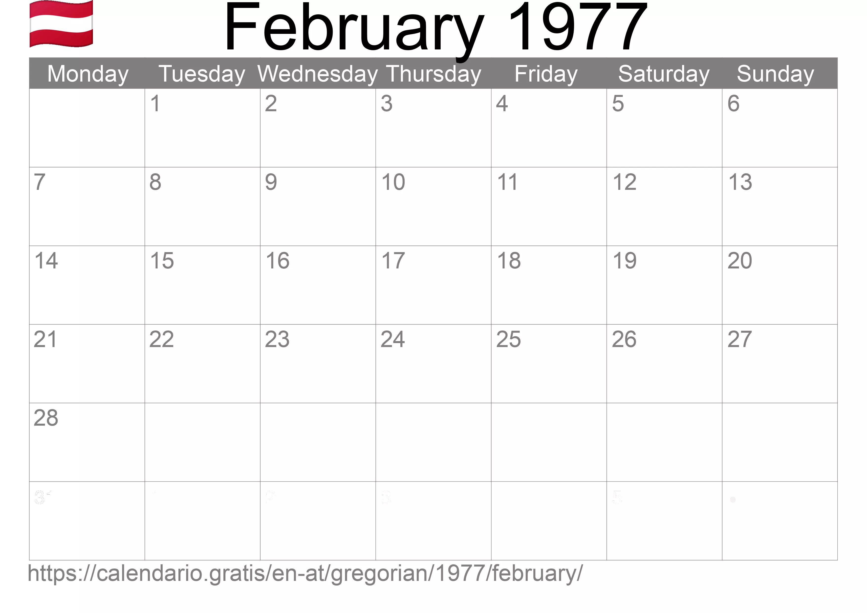 Calendar February 1977 to print (Austria) Calendar February 1977 to print (Austria)