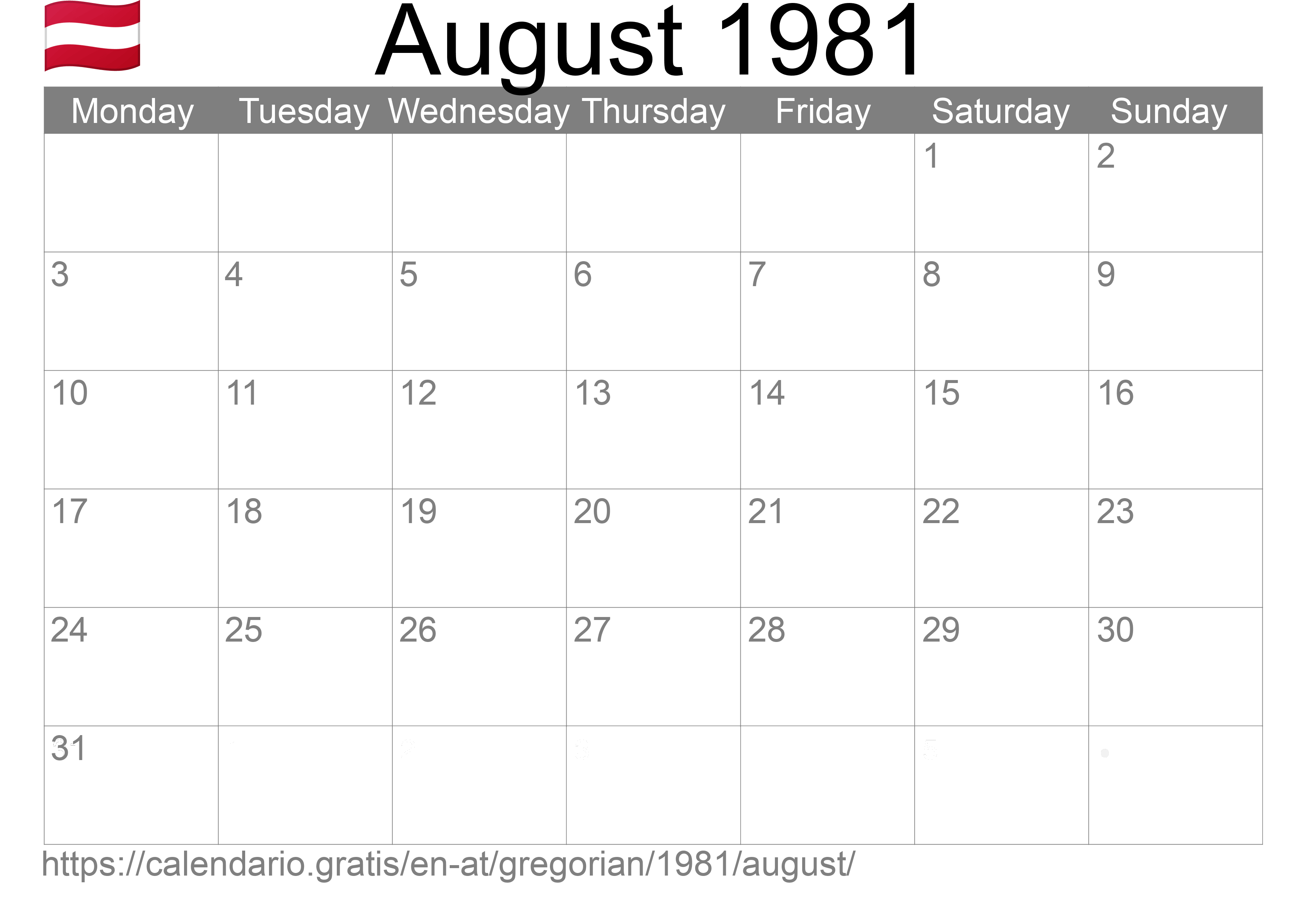 Calendar August 1981 to print