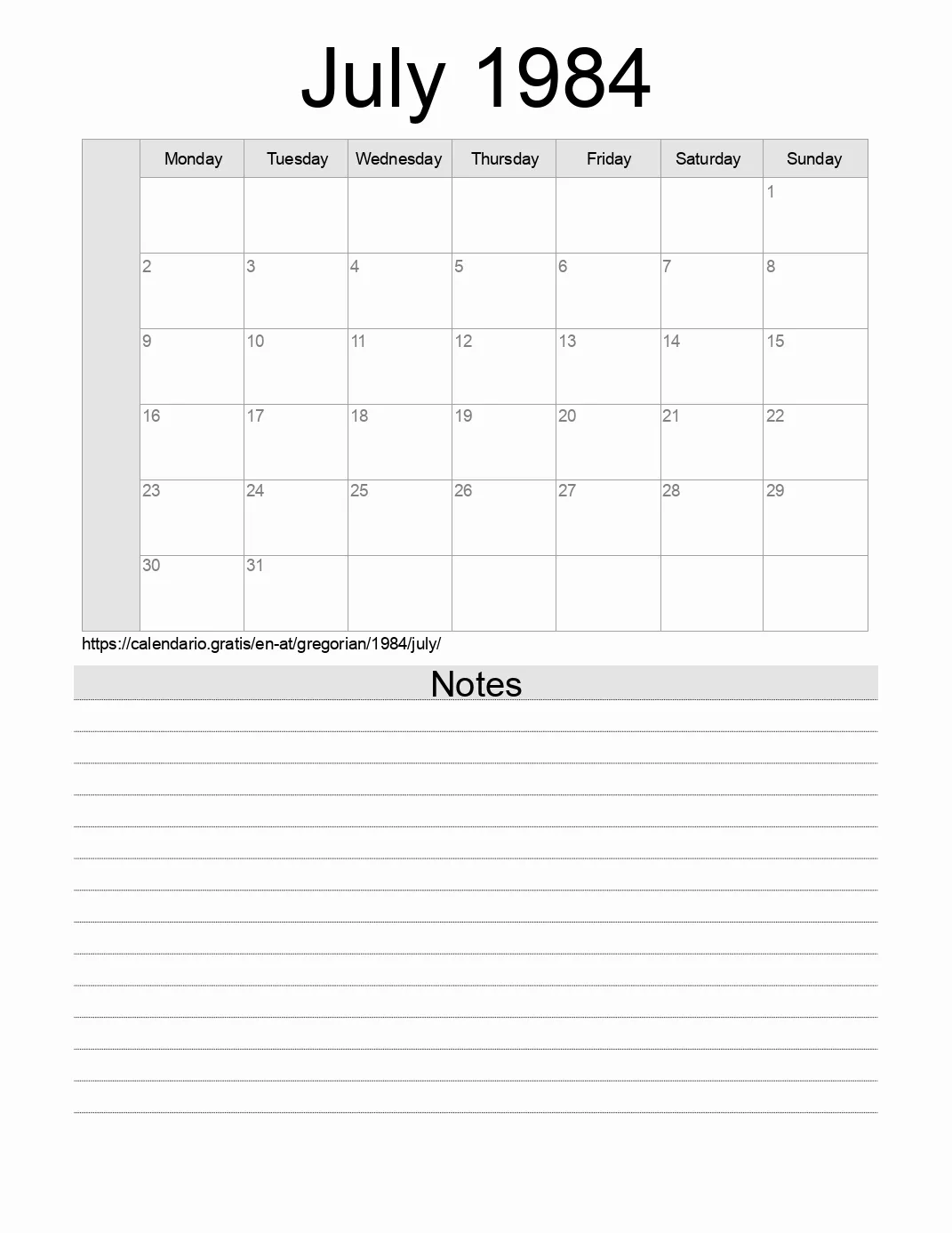 Calendar for printing with notes for 1984 July . (Austria)