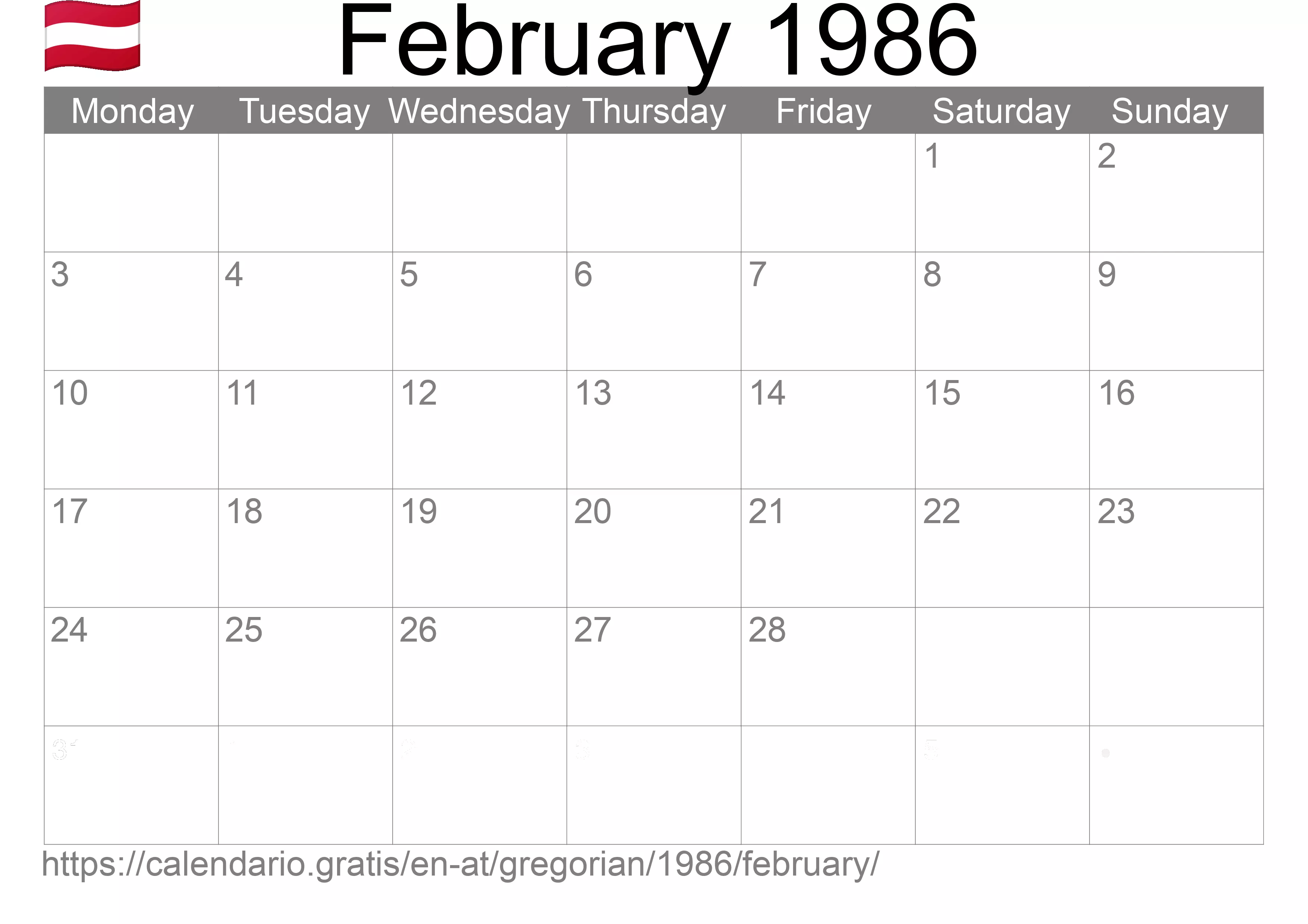 Calendar February 1986 to print (Austria) Calendar February 1986 to print (Austria)