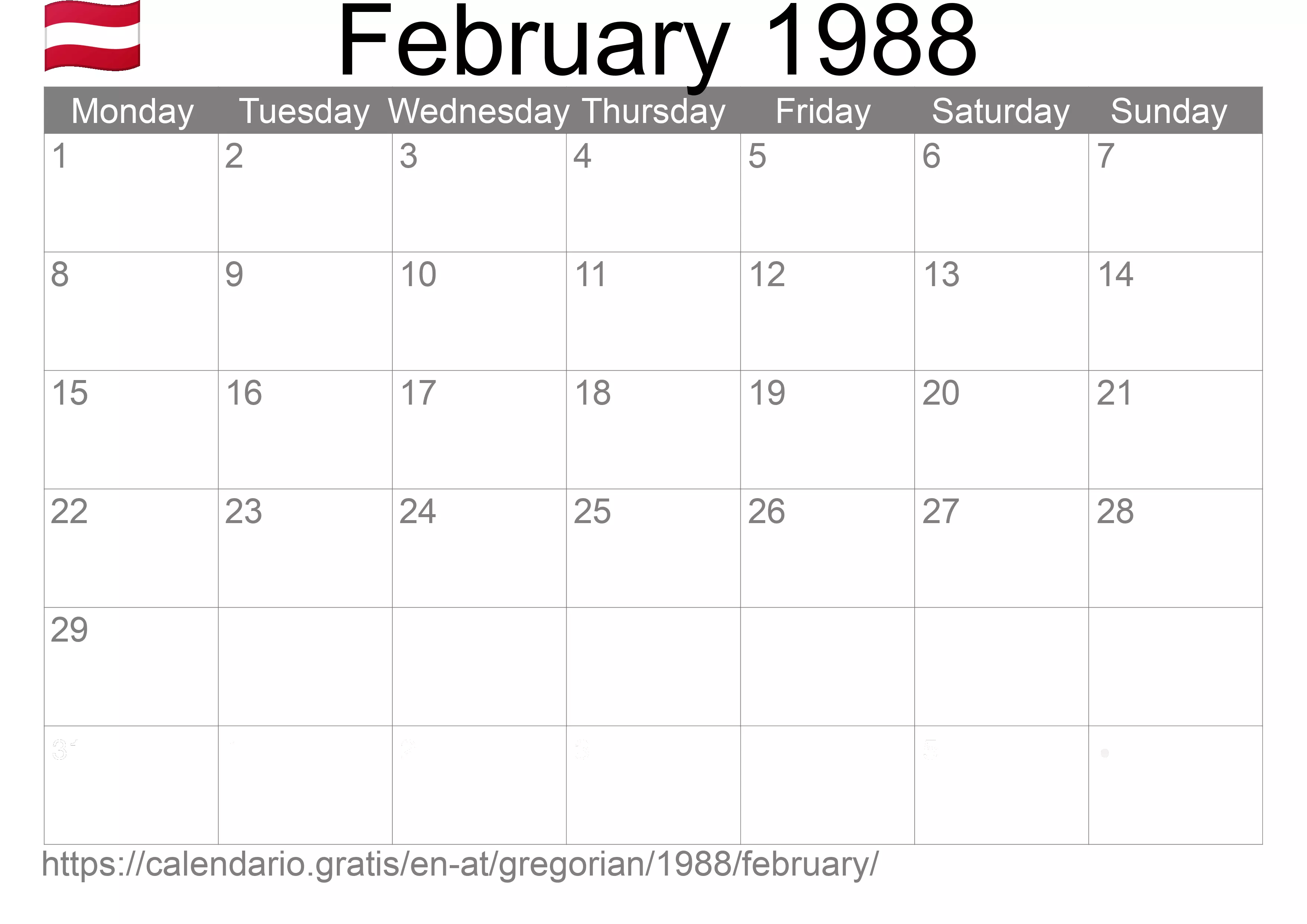 Calendar February 1988 to print (Austria) Calendar February 1988 to print (Austria)