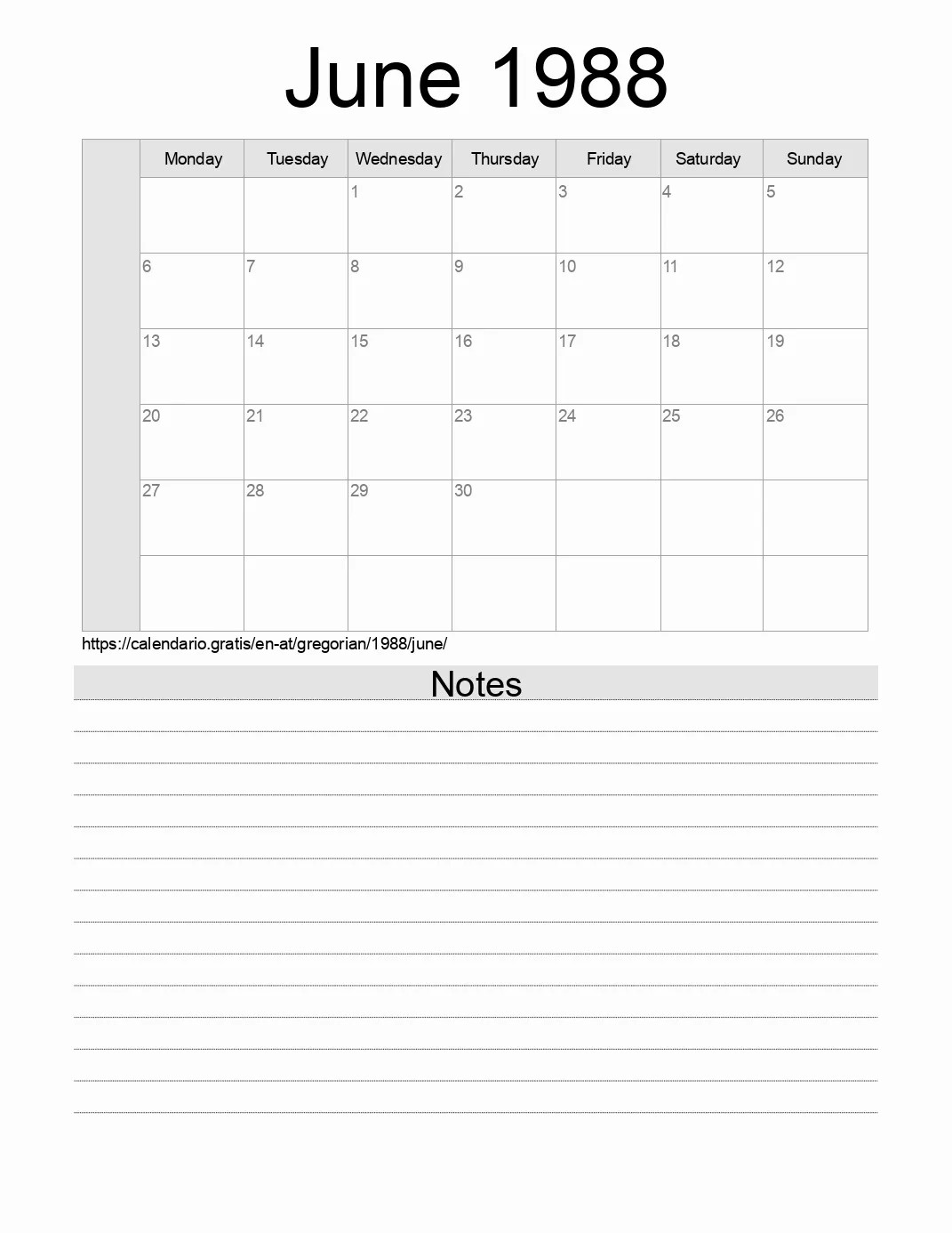 Calendar for printing with notes for 1988 June . (Austria) Calendar for printing with notes for 1988 June . (Austria)