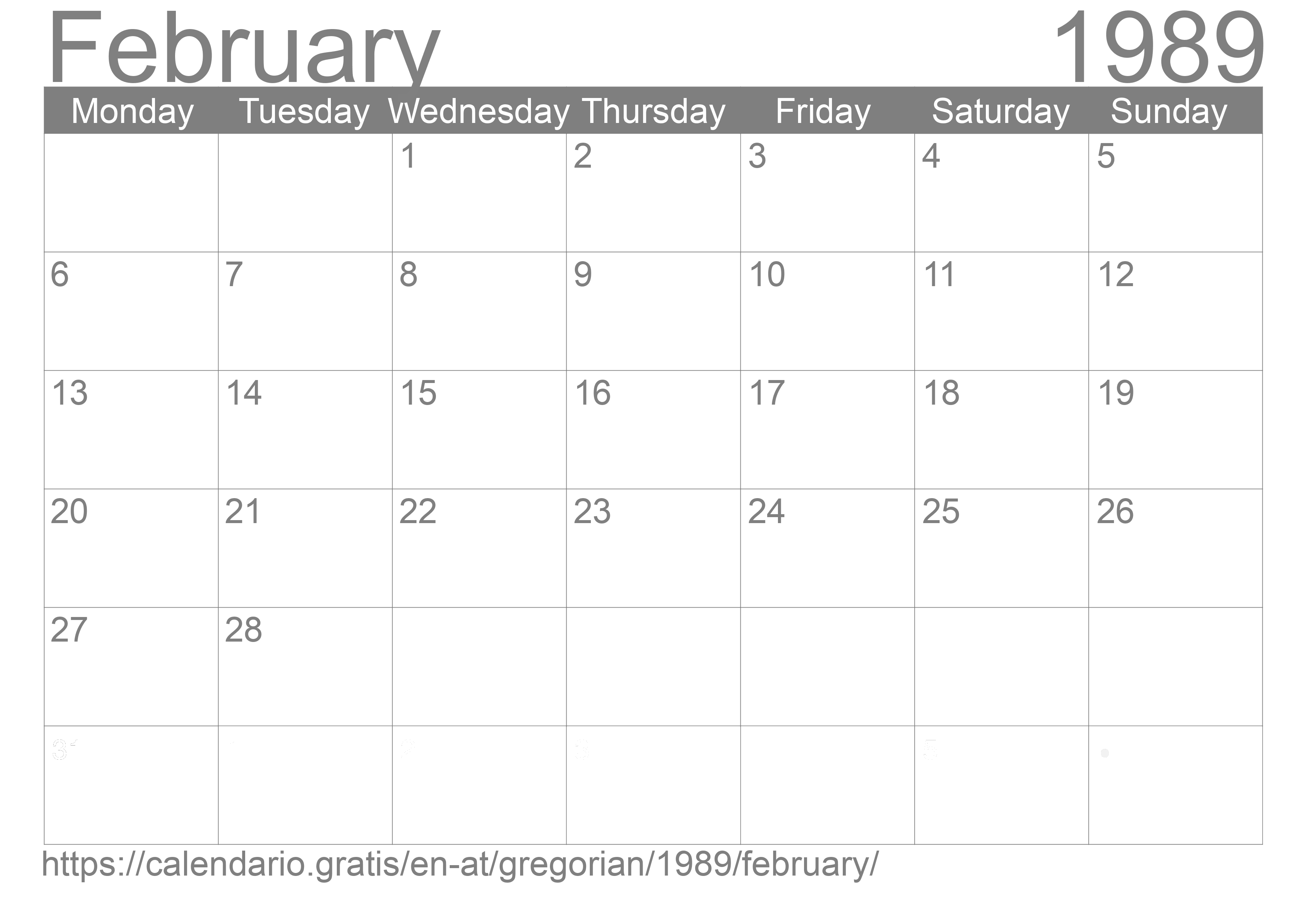 Calendar February 1989 to print