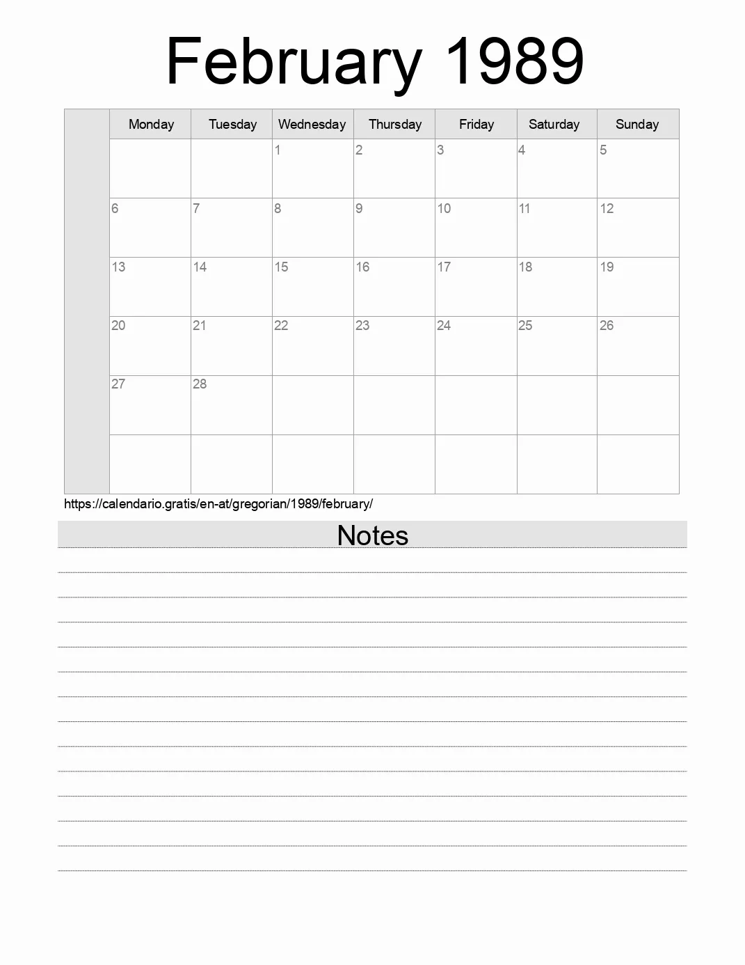 Calendar for printing with notes for 1989 February . (Austria) Calendar for printing with notes for 1989 February . (Austria)