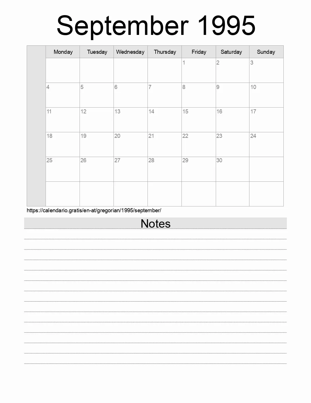 Calendar for printing with notes for 1995 September . (Austria)