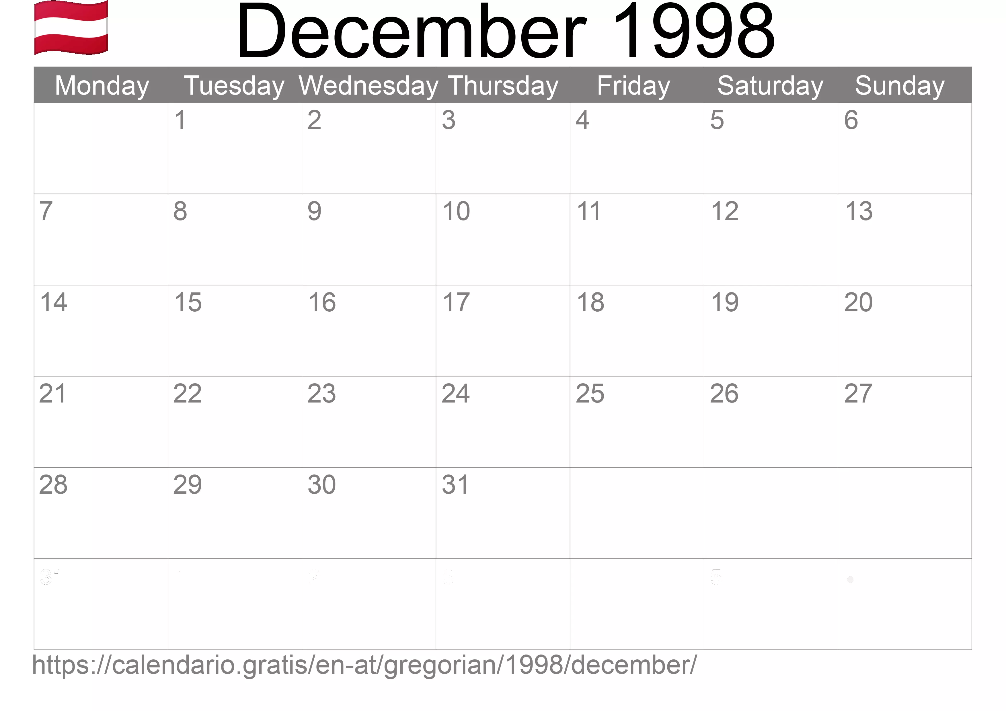 Calendar December 1998 to print (Austria) Calendar December 1998 to print (Austria)