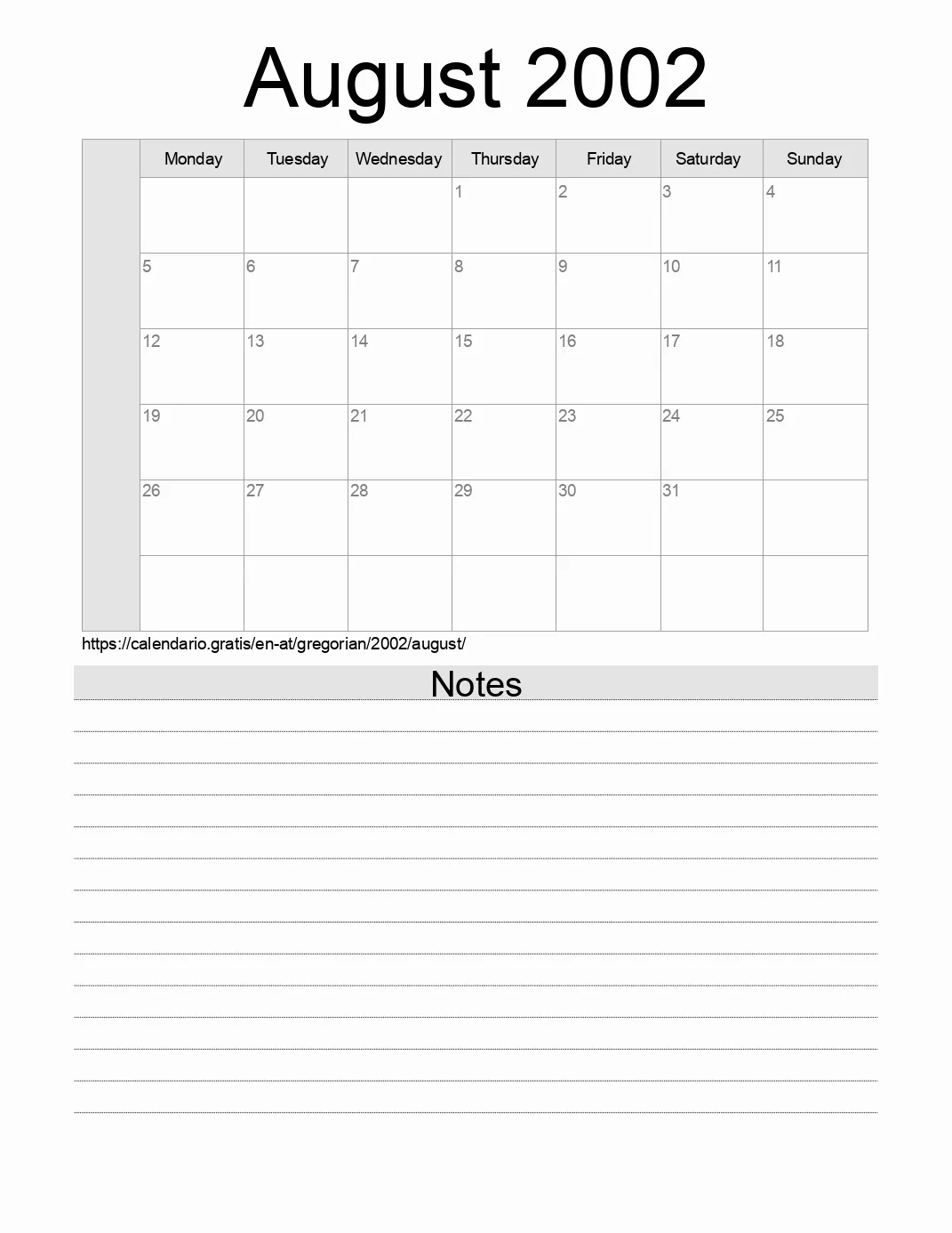 Calendar for printing with notes for 2002 August . (Austria) Calendar for printing with notes for 2002 August . (Austria)