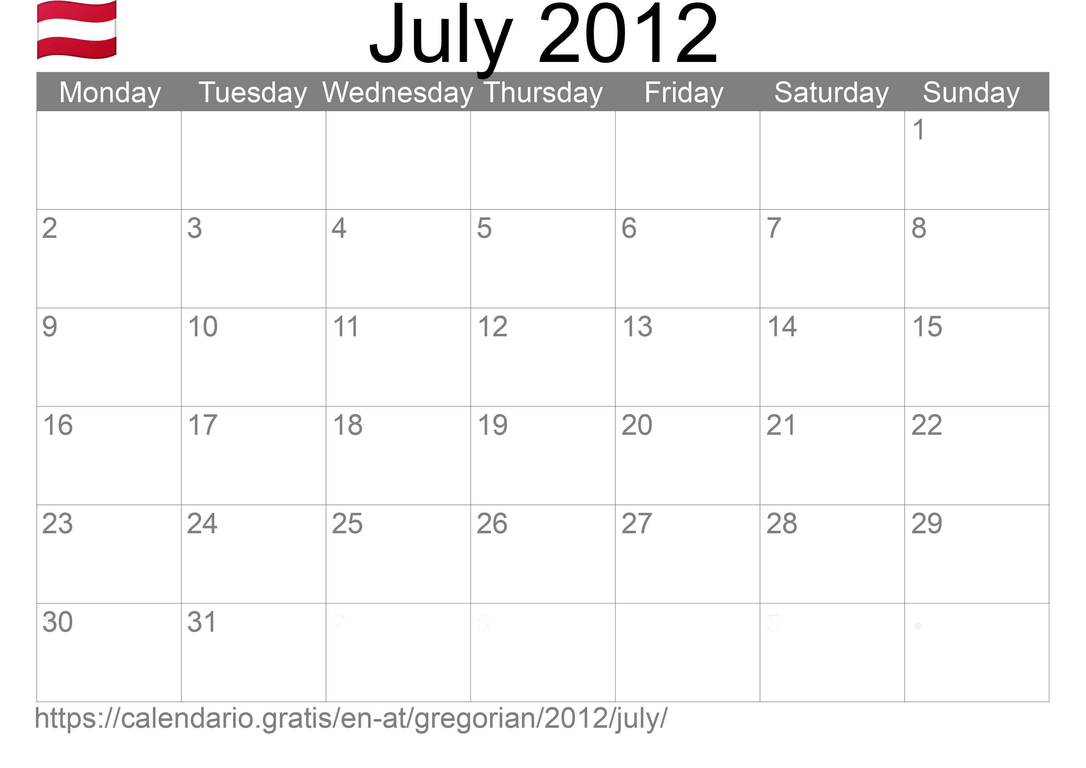 Calendar July 2012 to print