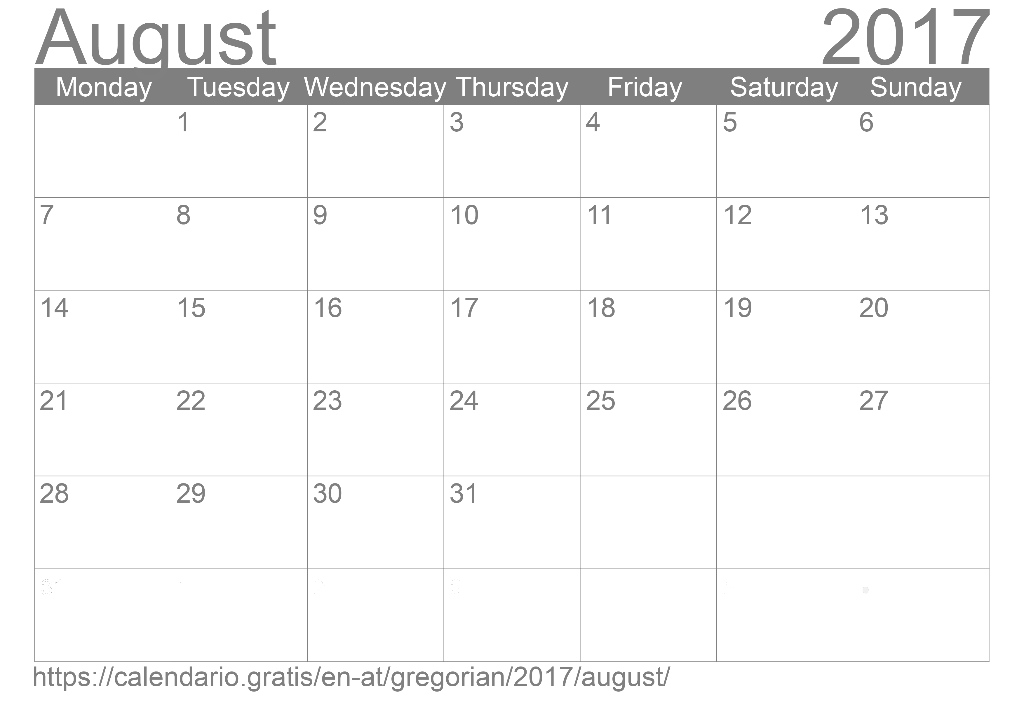 Calendar August 2017 to print