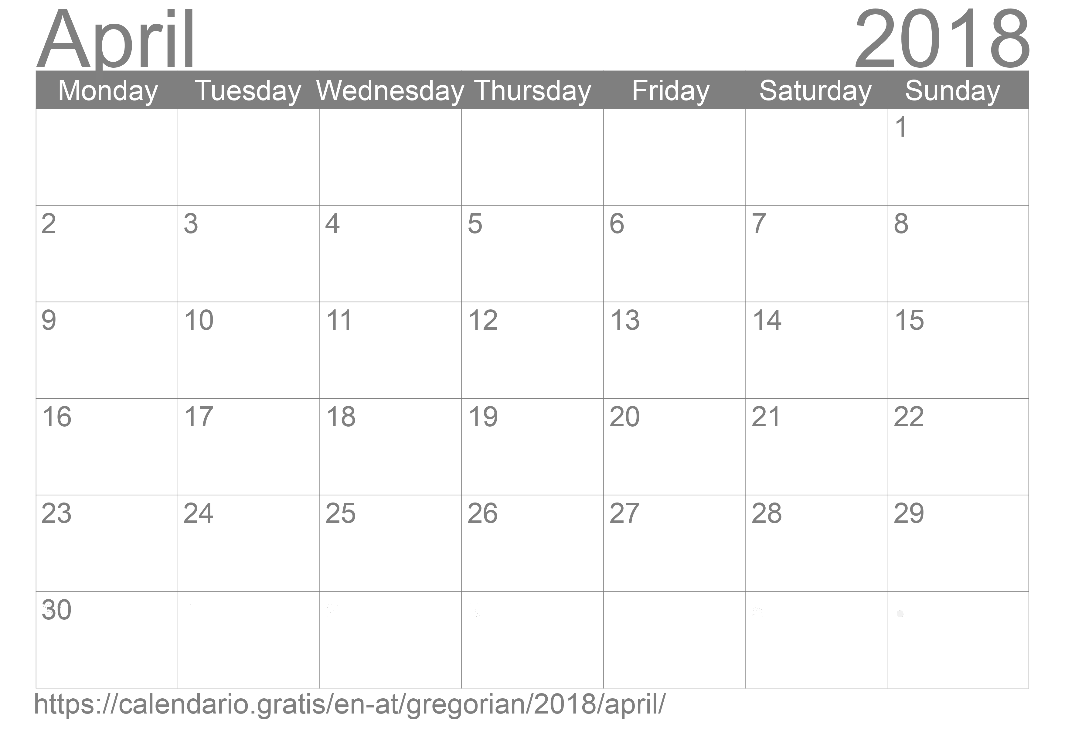 Calendar April 2018 to print