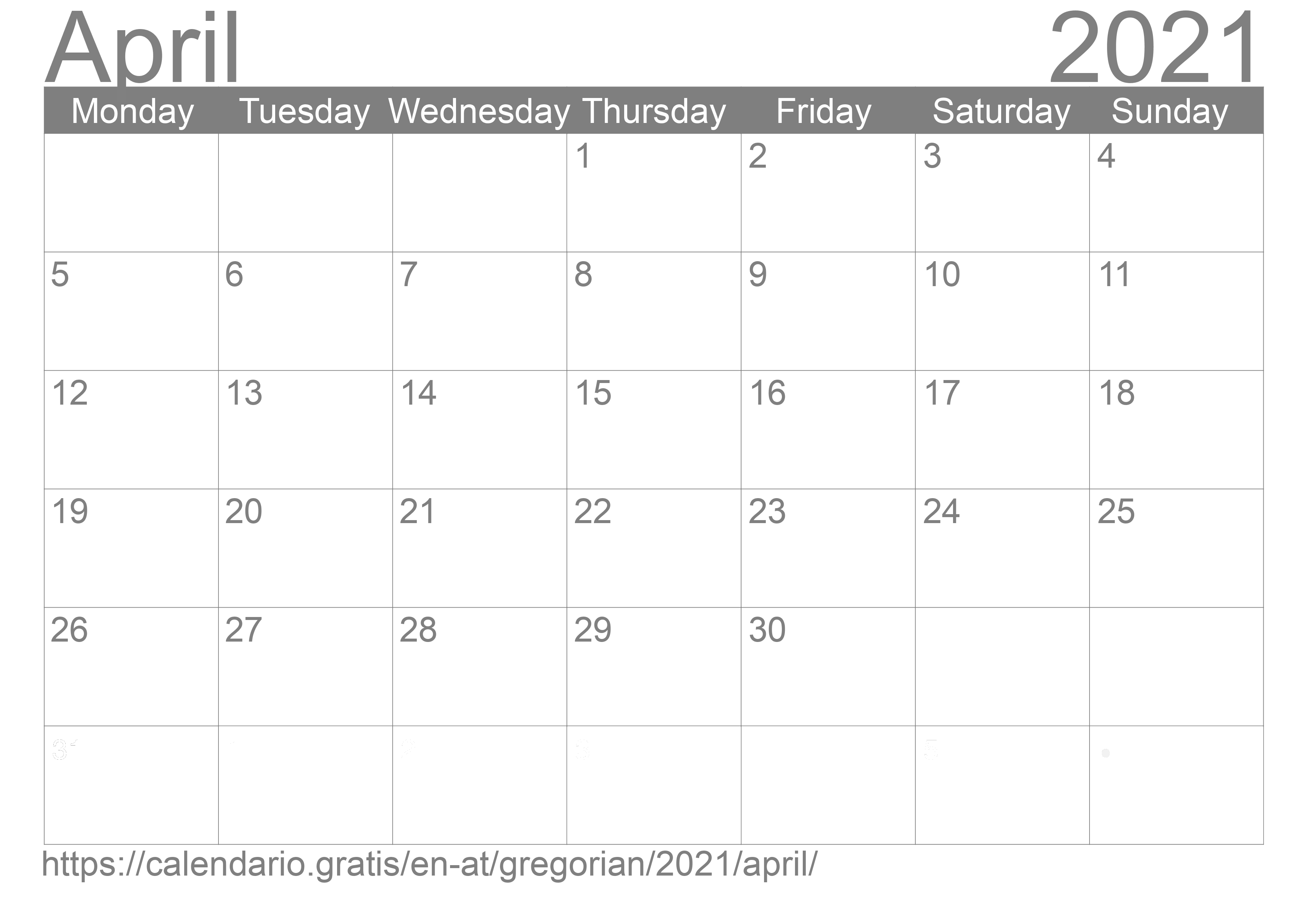 Calendar April 2021 to print