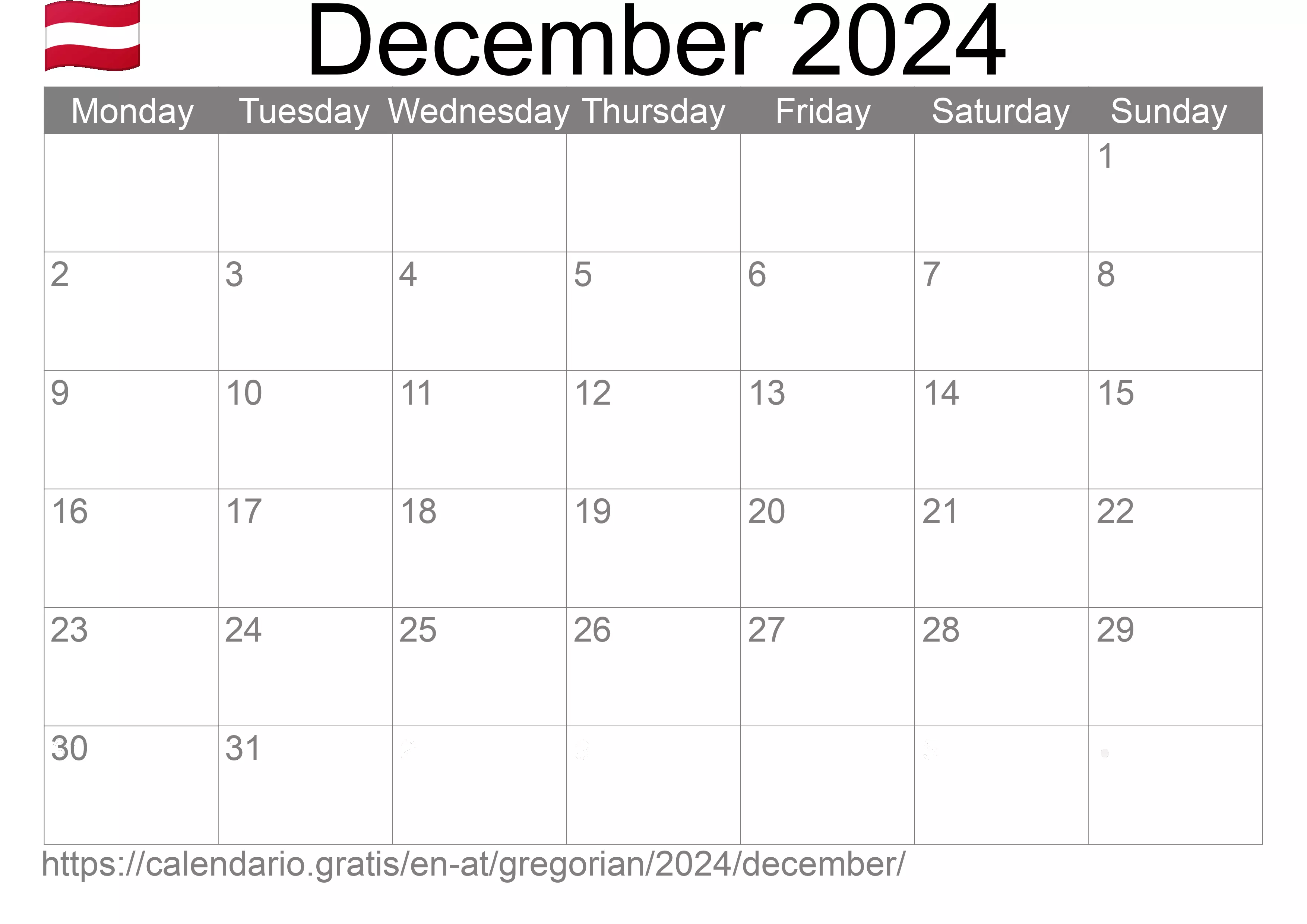 Calendar December 2024 to print (Austria)
