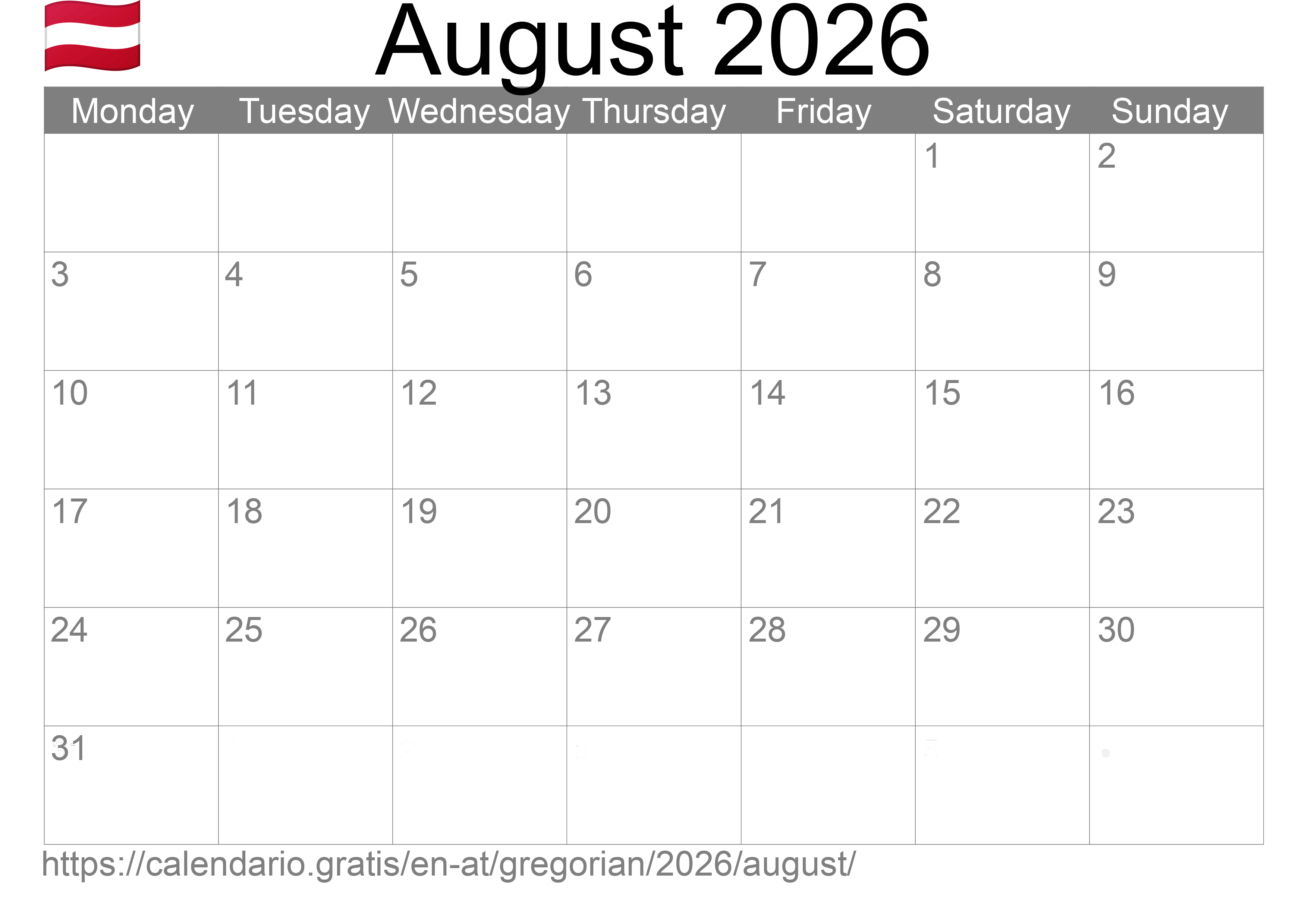 Calendar August 2026 to print