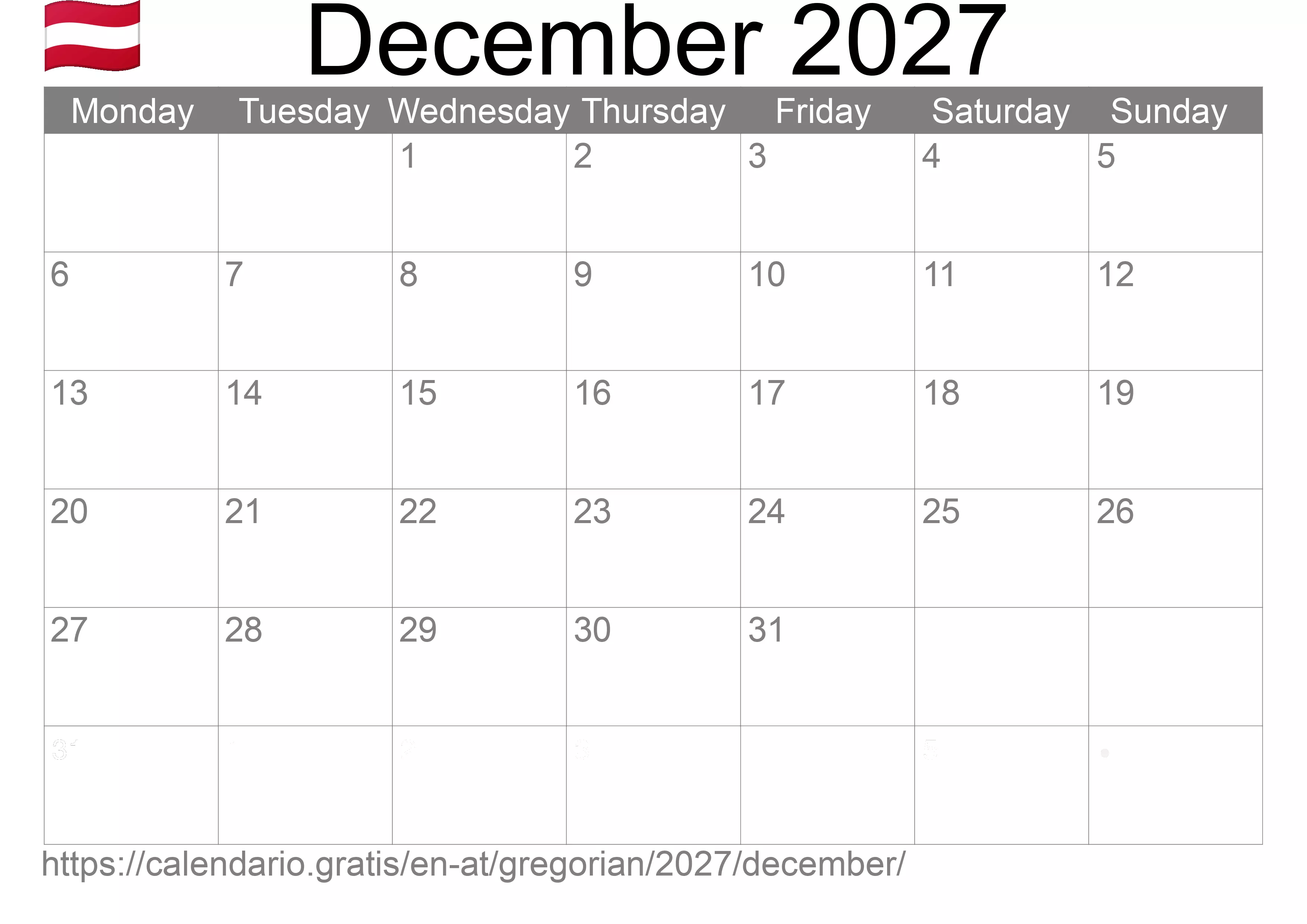Calendar December 2027 to print (Austria) Calendar December 2027 to print (Austria)