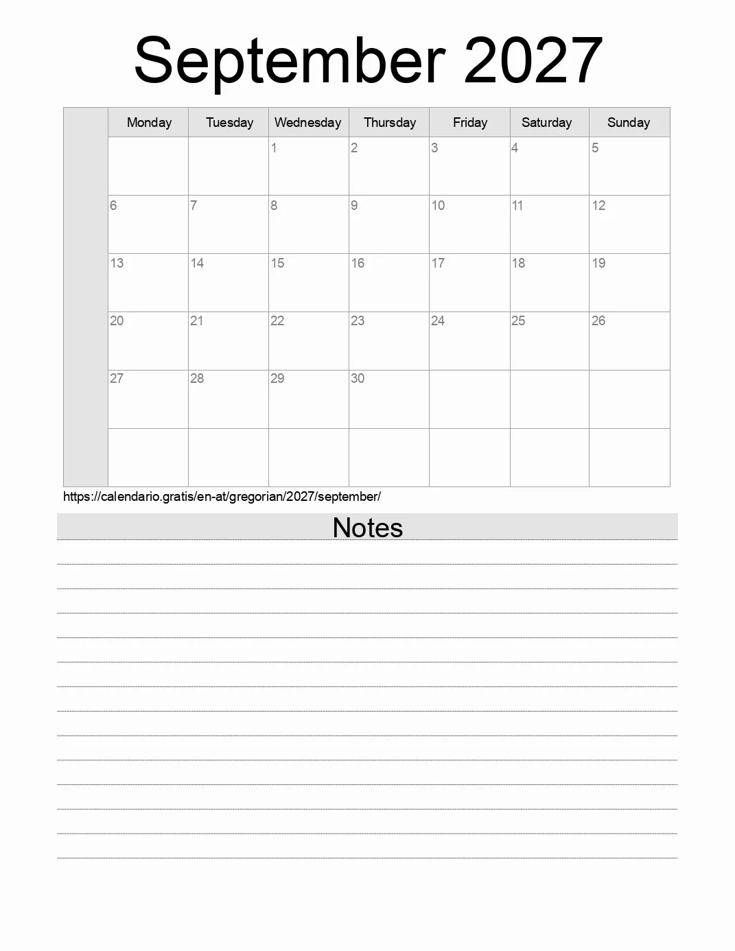 Calendar for printing with notes for 2027 September . (Austria)