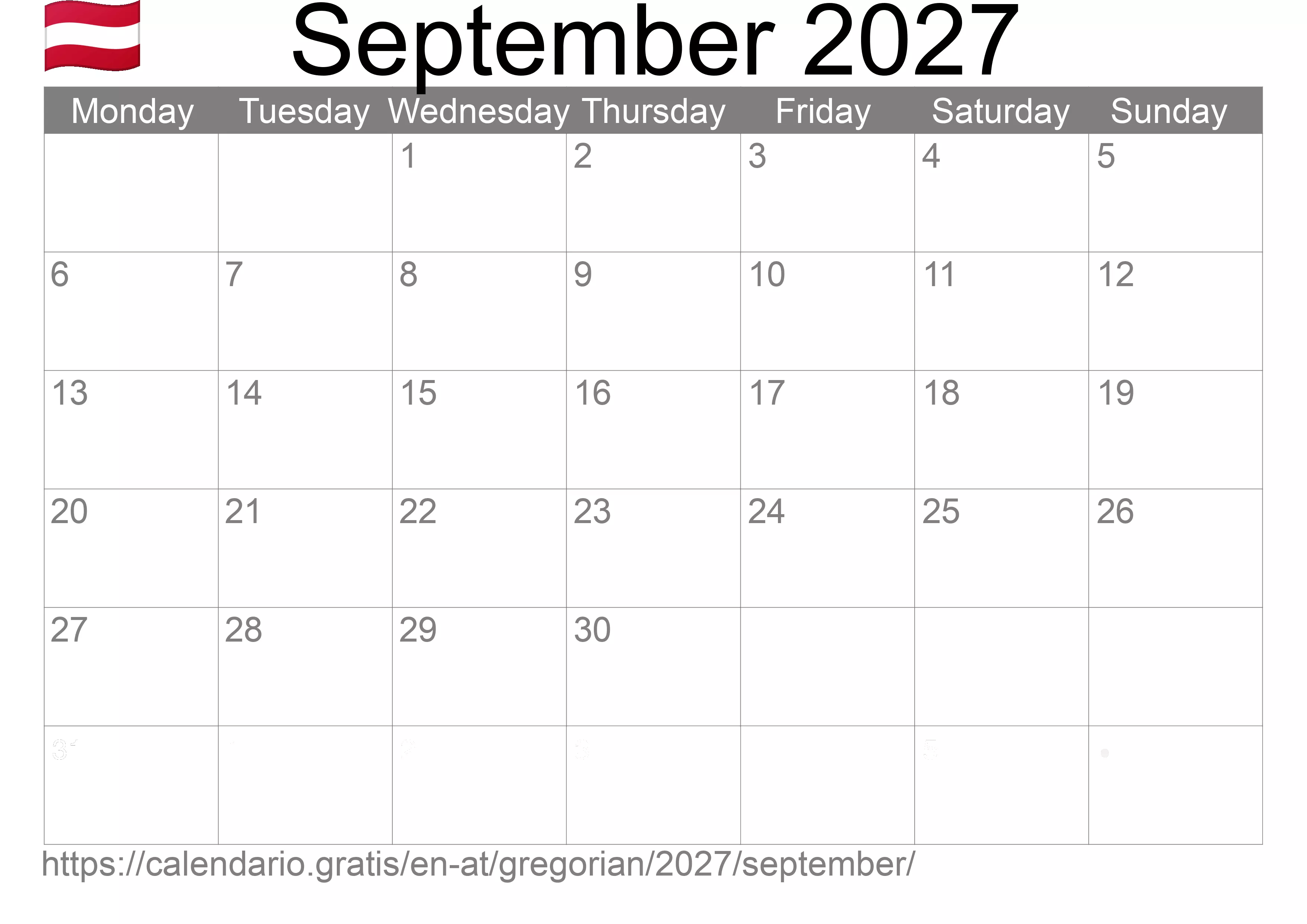 Calendar September 2027 to print (Austria)