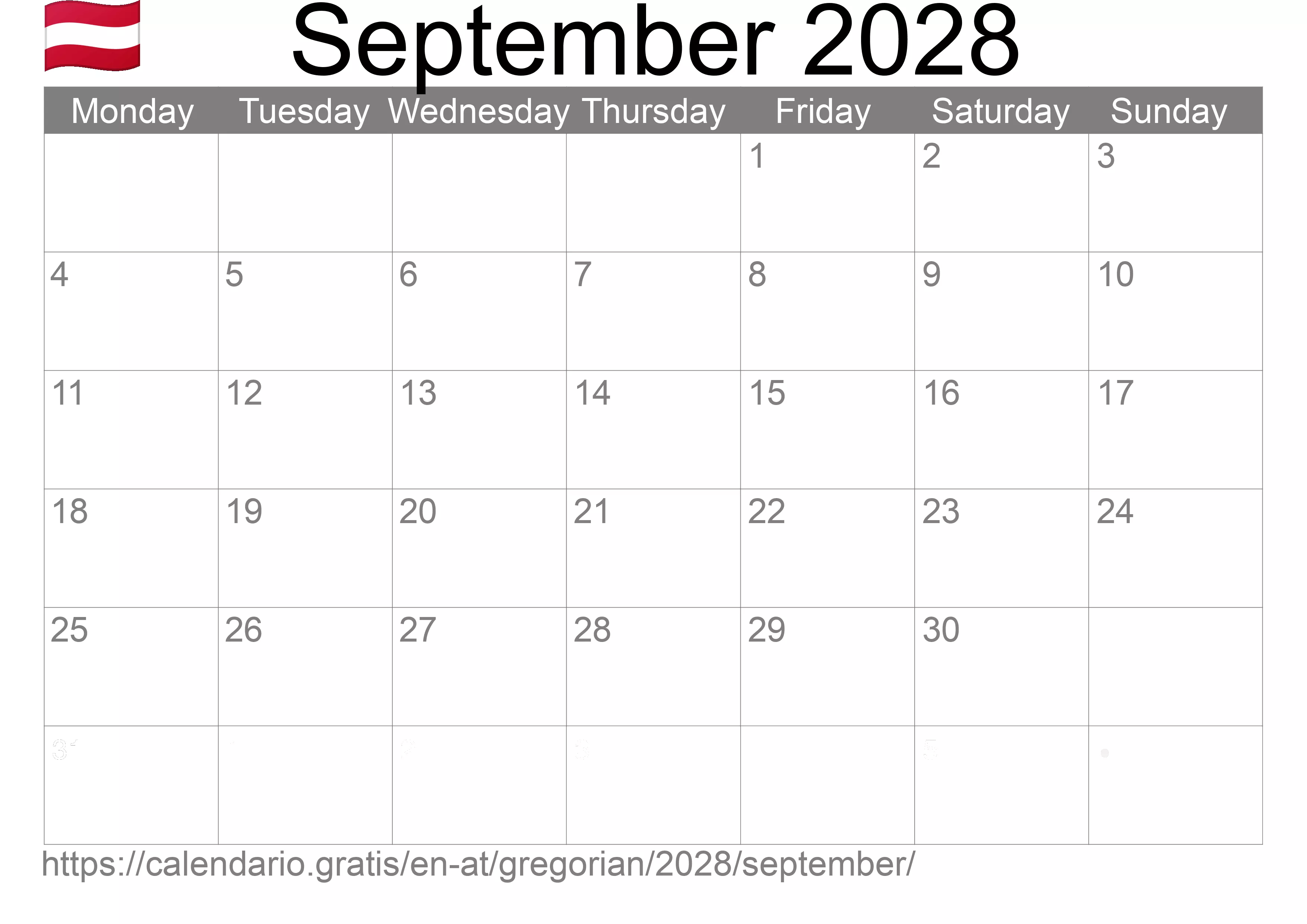 Calendar September 2028 to print (Austria)