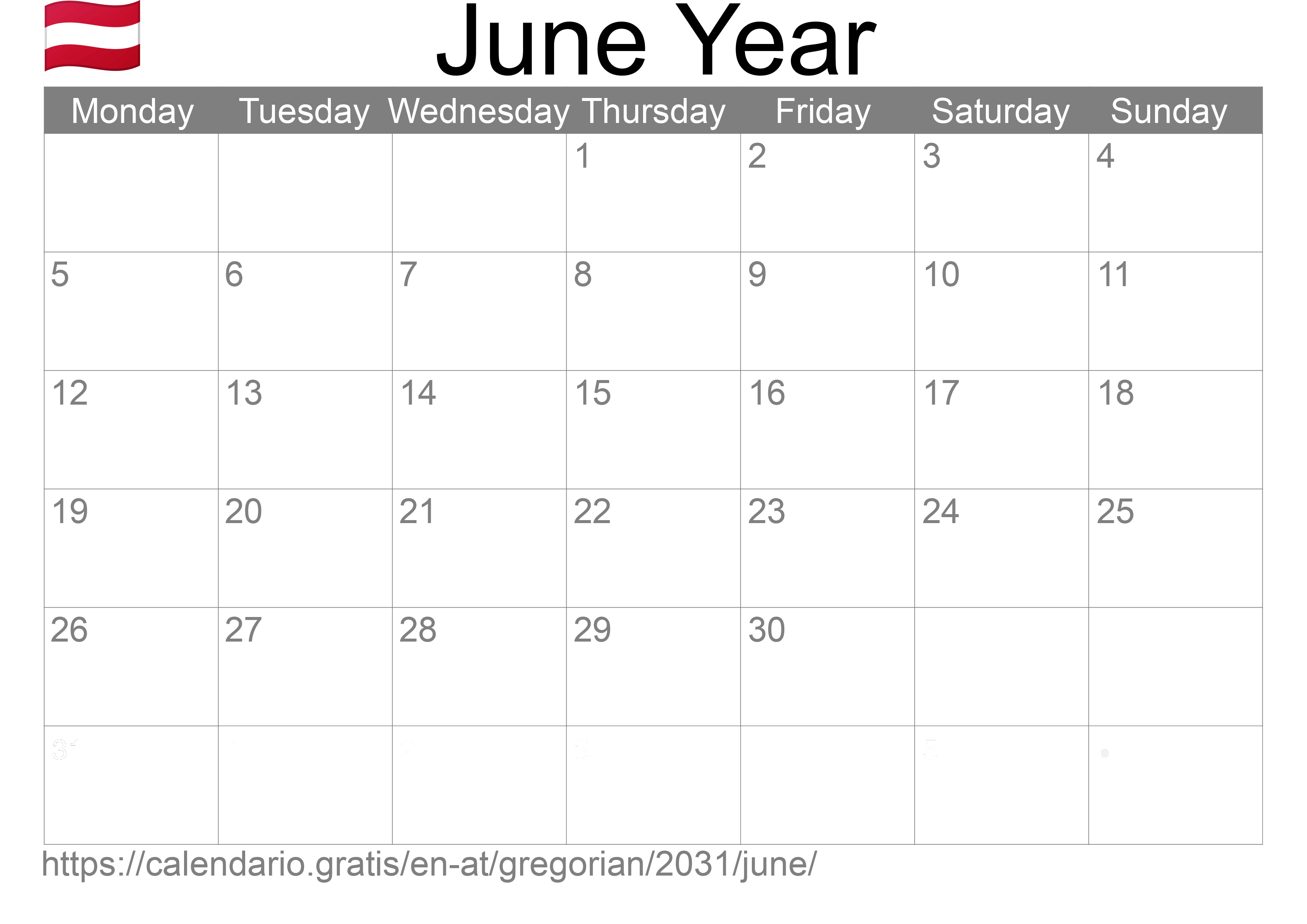 Calendar June 2031 to print