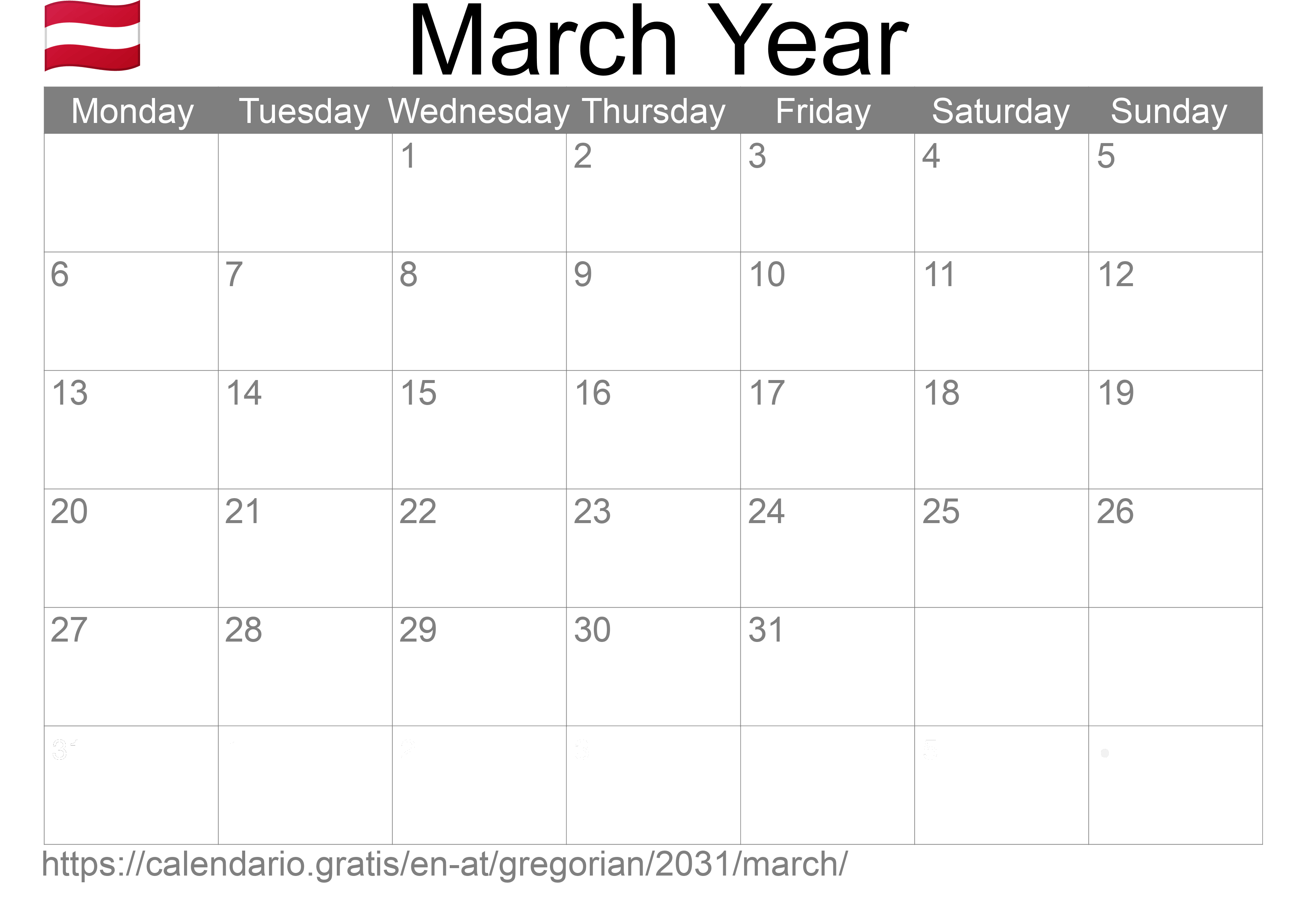 Calendar March 2031 to print