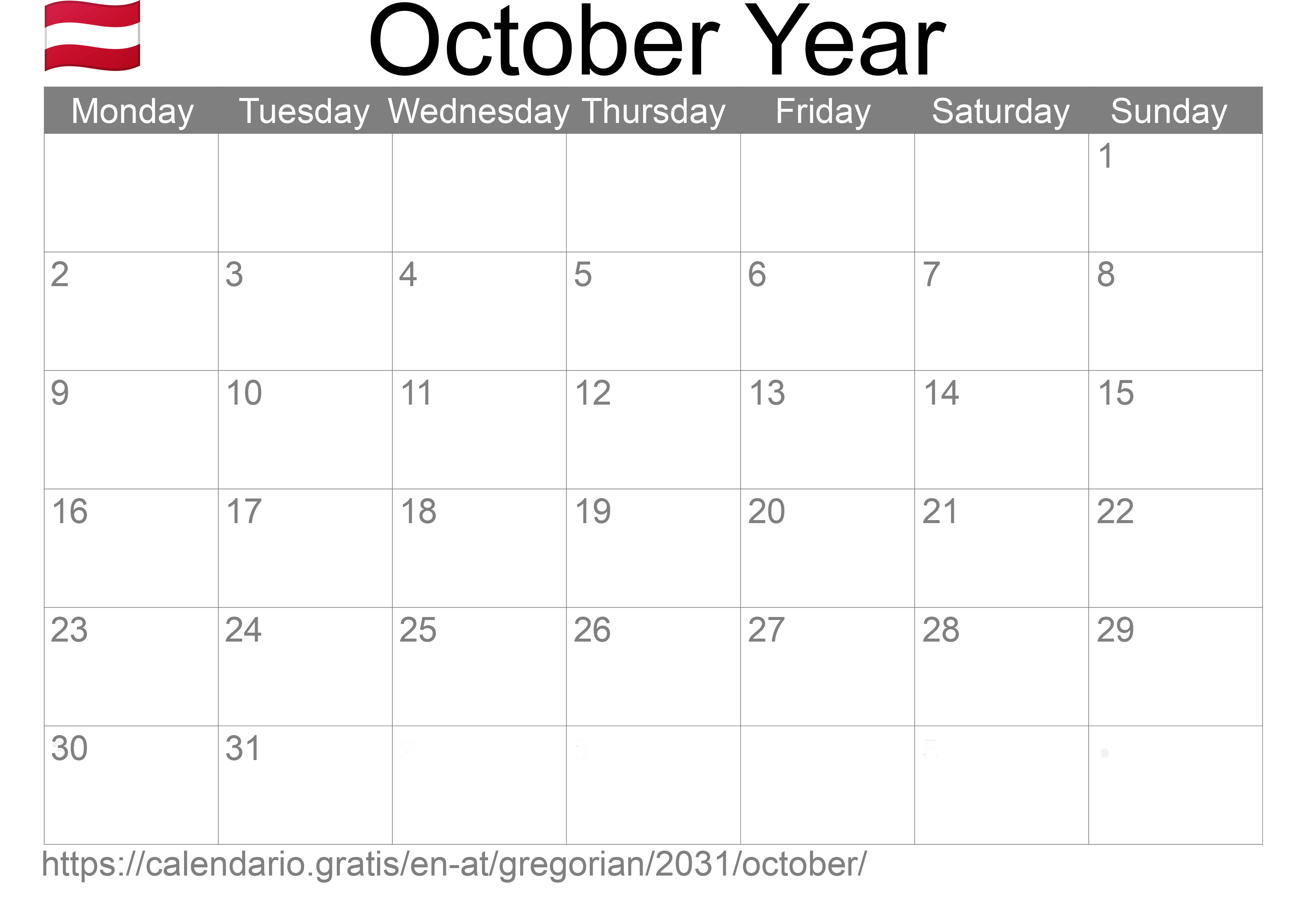 Calendar October 2031 to print