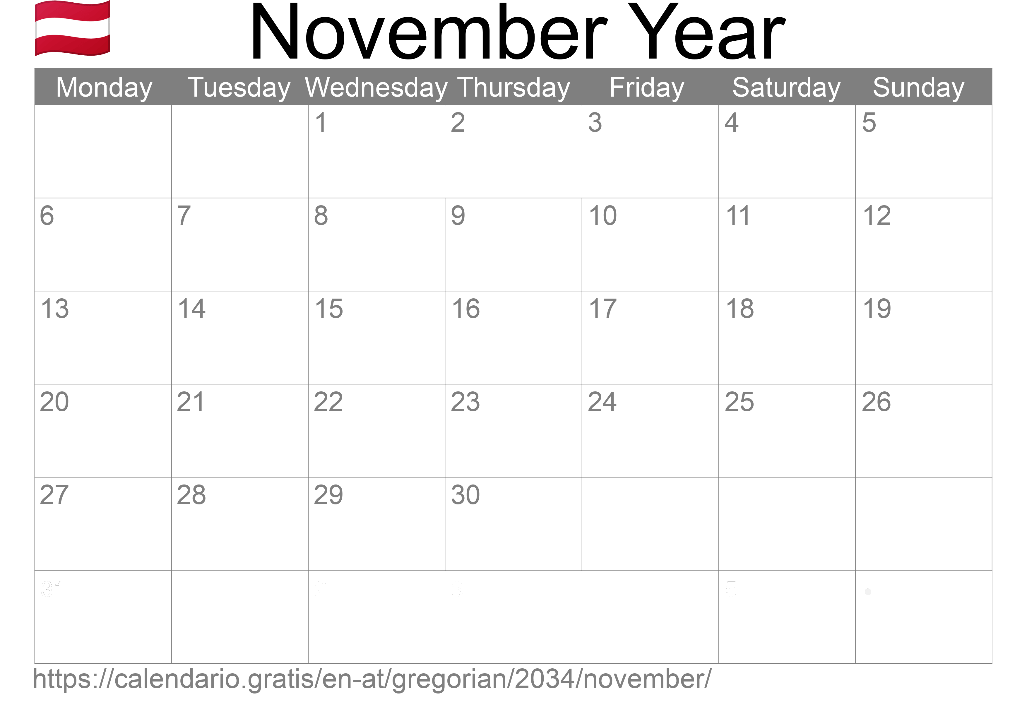 Calendar November 2034 to print