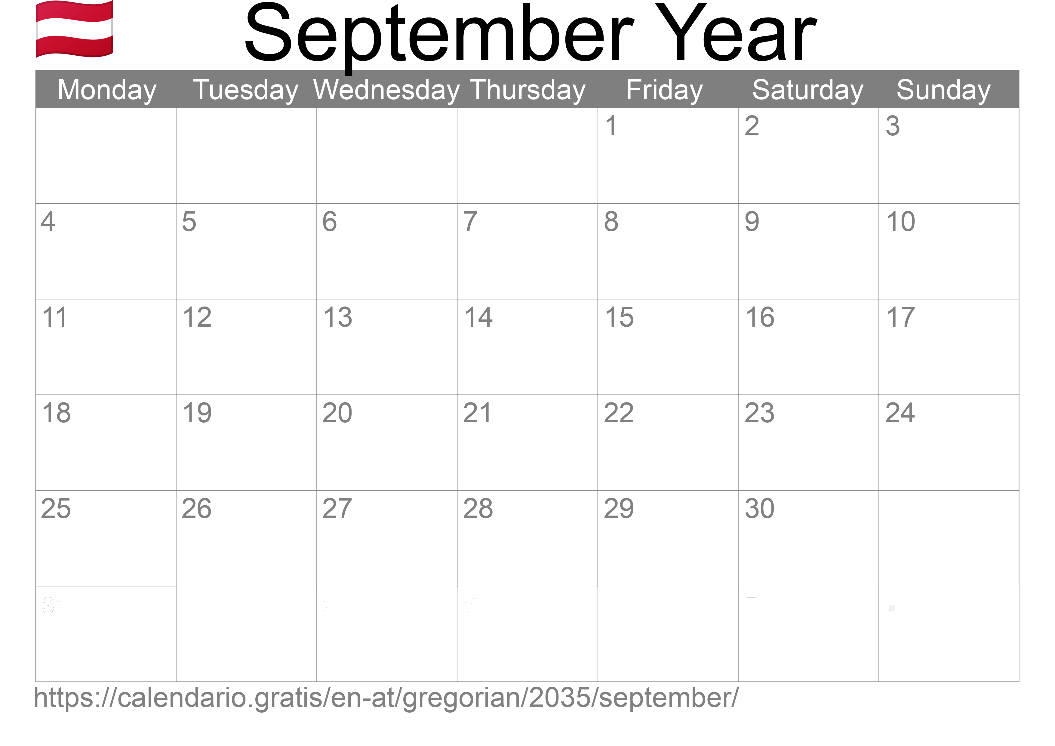 Calendar September 2035 to print