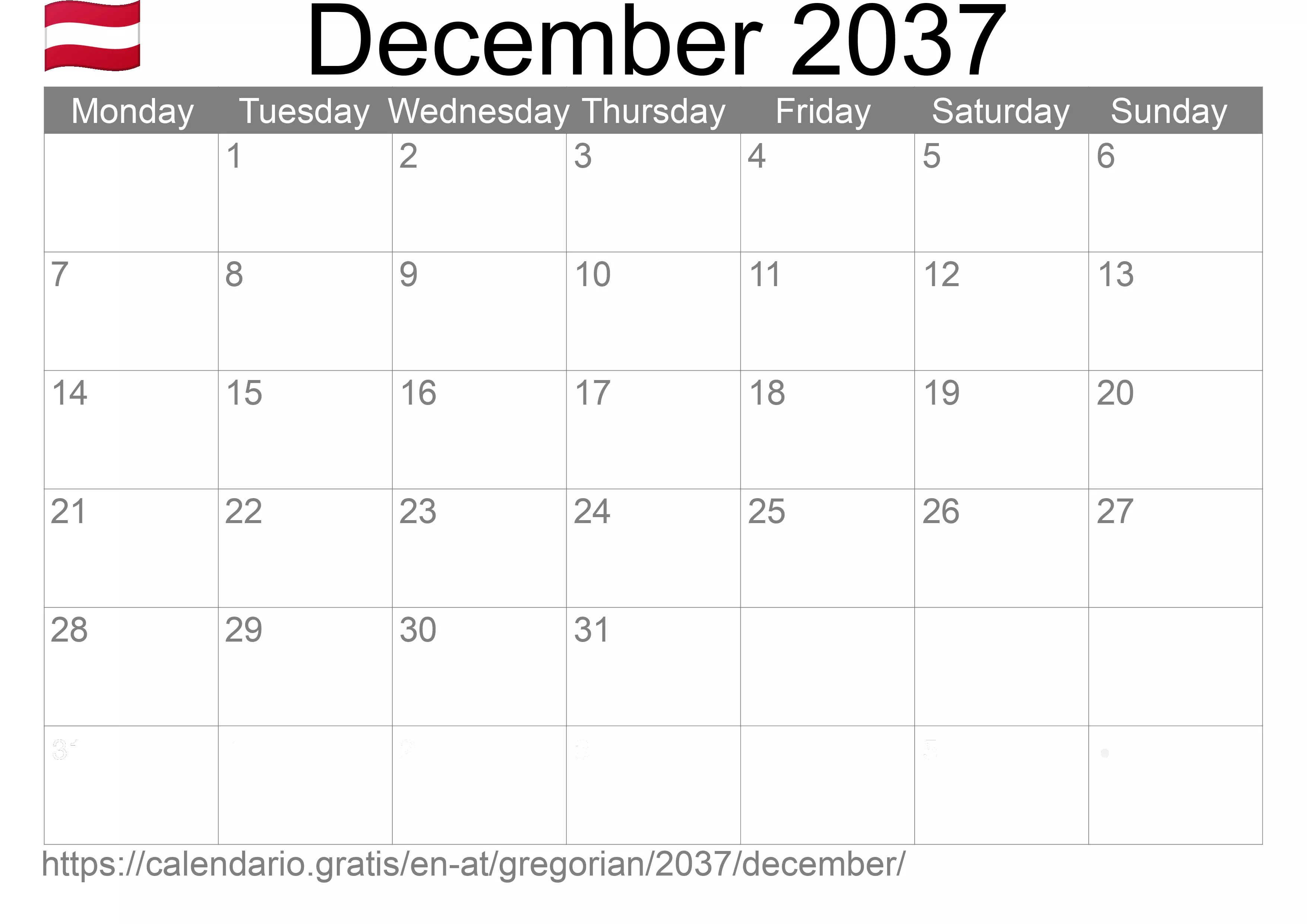 Calendar December 2037 to print (Austria) Calendar December 2037 to print (Austria)