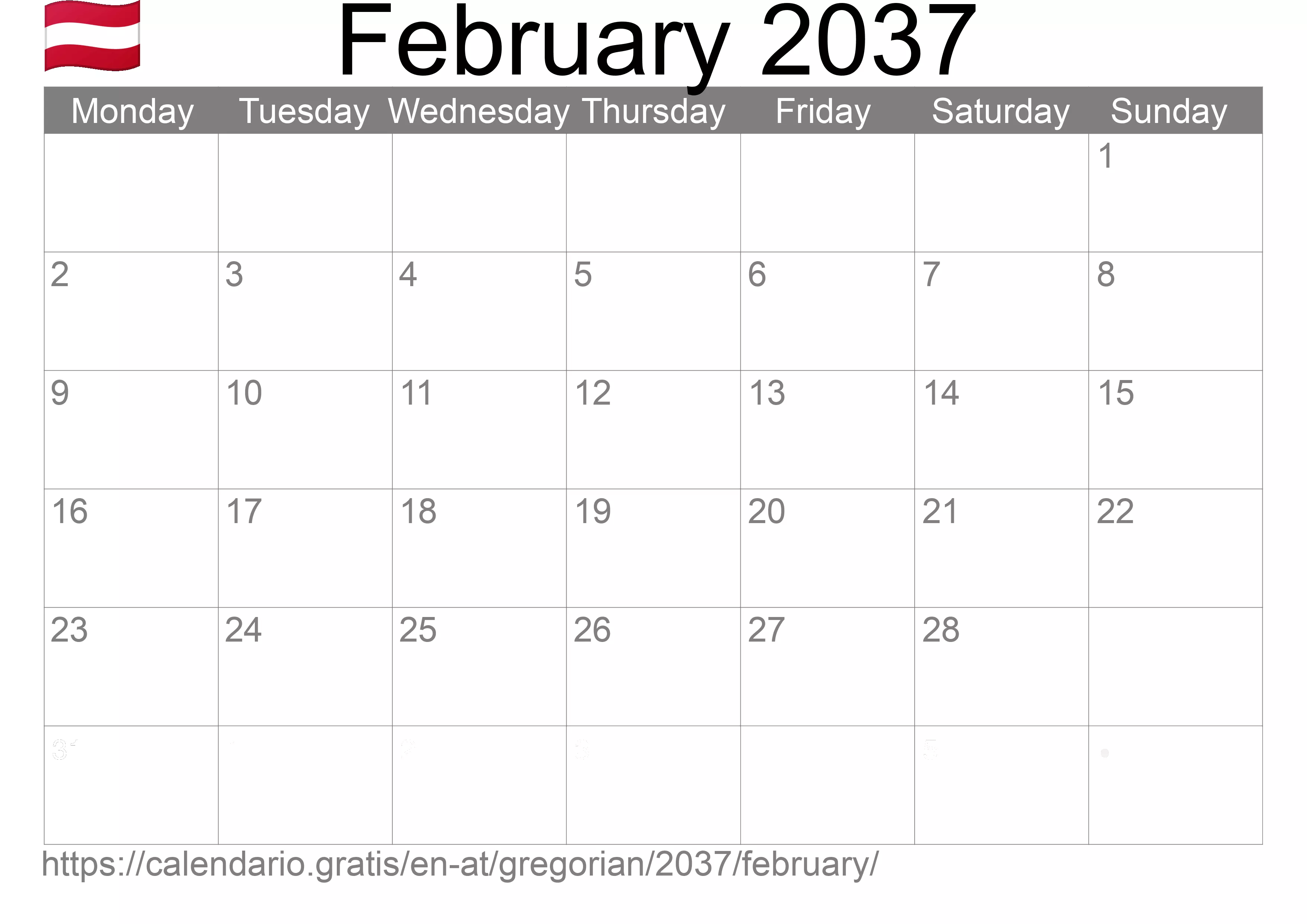 Calendar February 2037 to print (Austria) Calendar February 2037 to print (Austria)