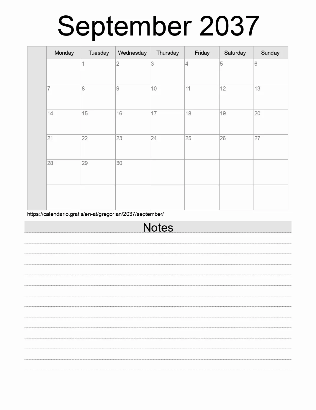 Calendar for printing with notes for 2037 September . (Austria)